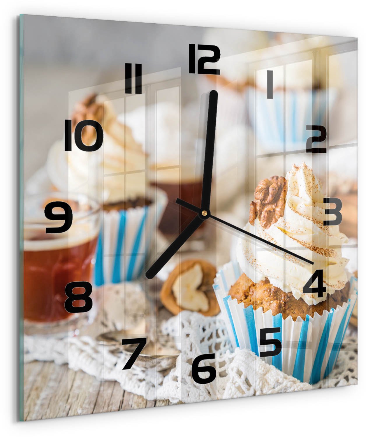 TULUP Wandklok - Muffins Glazen Wandklok Design - 30x30 cm - Veelkleurig Klok Glas Met Opdruk - Zwarte handen - Vierkante Klok - Wandklok Glas Met Motief - Decoratieve Glazen Klok