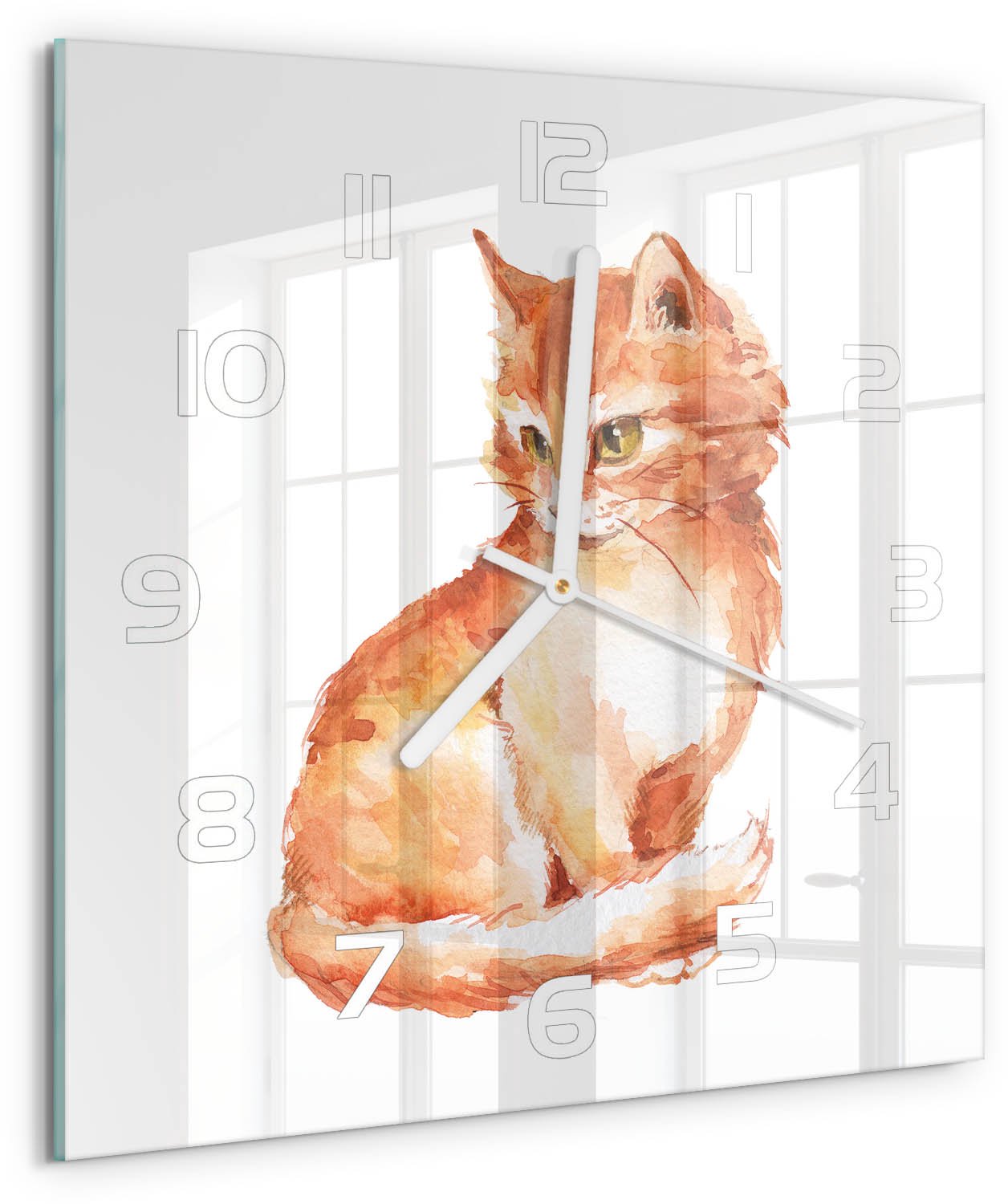 Tulup Wandklok - Rode Kat Glazen Klok Met Print - 30x30 cm - Oranje Wandklok Glas Met Motief - Witte handen - Vierkante Klok - Wandklok Glas Decoratie - Gekleurde Glazen Klok