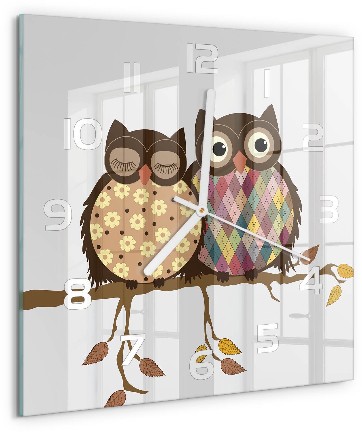 Tulup Wandklok - Twee uilen op een tak Moderne Wandklok Glas - 30x30 cm - Bruin Wandklok Glas Decoratie - Witte handen - Vierkante Klok - Glazen Wandklok Design - Klok Glas Met Opdruk