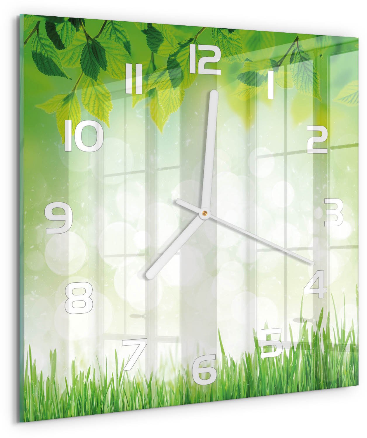 Tulup Wandklok - Bladeren en gras Glazen Wandklok Design - 30x30 cm - Groente Klok Glas Met Opdruk - Witte handen - Vierkante Klok - Wandklok Glas Met Motief - Decoratieve Glazen Klok
