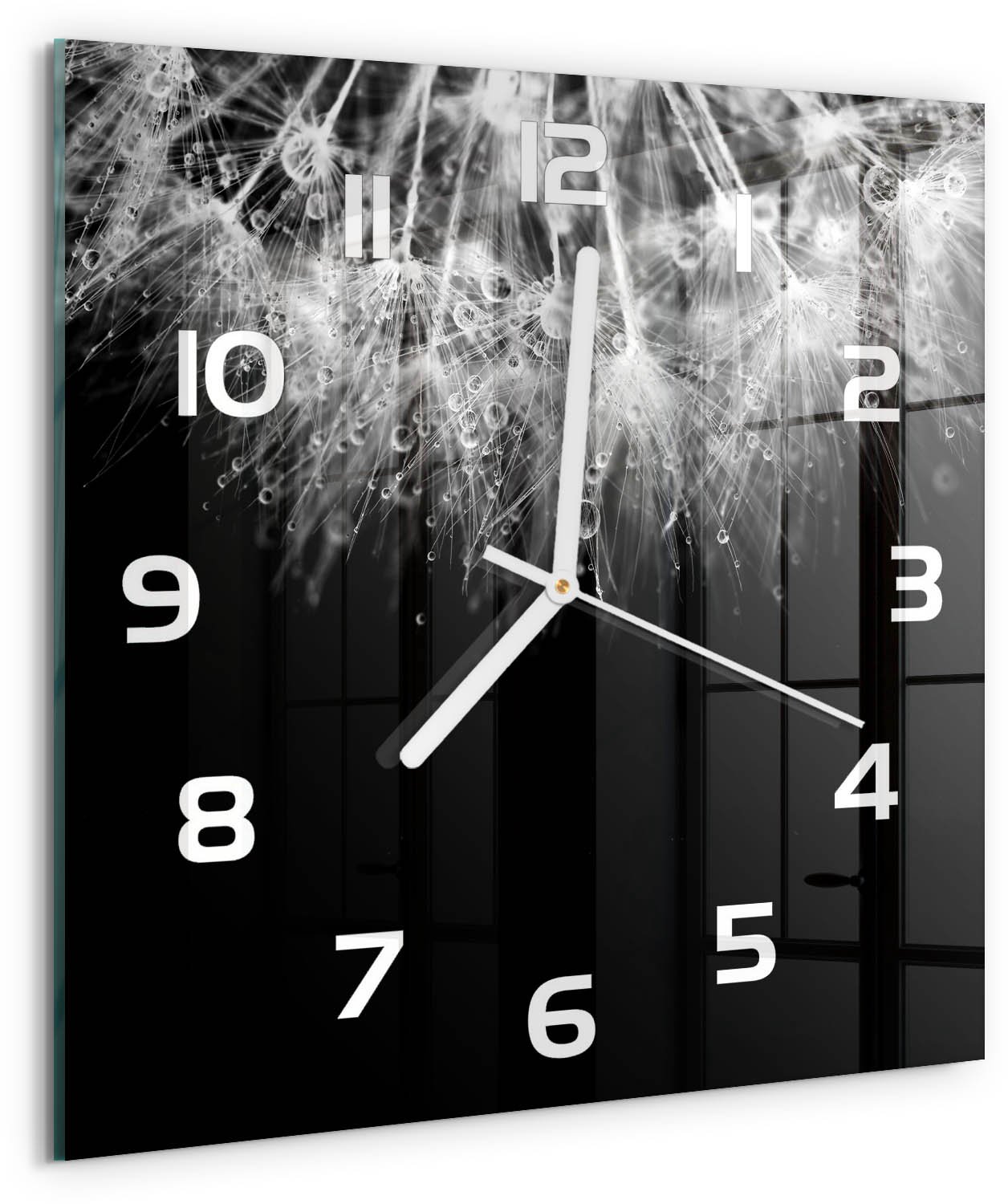 Tulup Wandklok - Paardenbloemzaden Moderne Wandklok Glas - 30x30 cm - Zwart-wit Wandklok Glas Decoratie - Witte handen - Vierkante Klok - Glazen Wandklok Design - Klok Glas Met Opdruk
