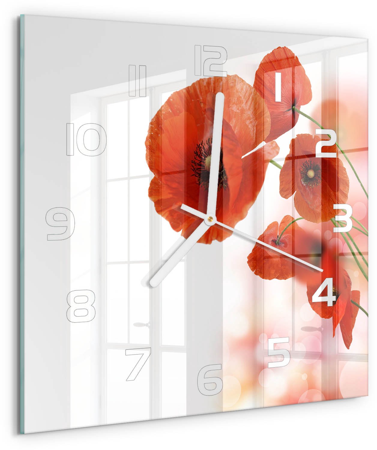 Tulup Wandklok - Klaprozen Wandklok Glas Met Motief - 30x30 cm - Rood Decoratieve Glazen Klok - Witte handen - Vierkante Klok - Gekleurde Glazen Klok - Glazen Klok Met Print