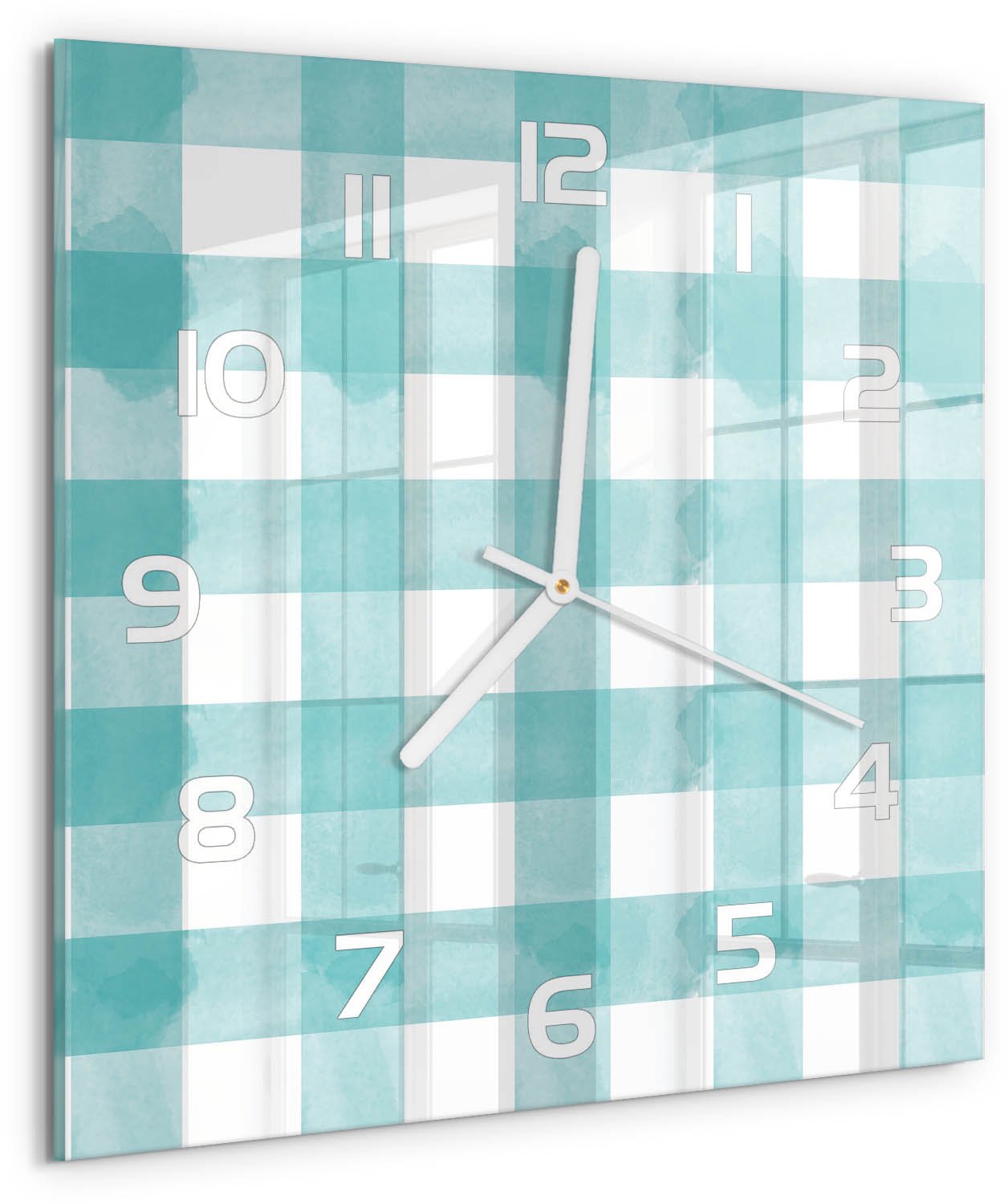 Tulup Wandklok - Blauw raster Decoratieve Glazen Klok - 30x30 cm - Blauw Glazen Wandklok Design - Witte handen - Vierkante Klok - Glazen Klok Met Print - Wandklok Glas Met Motief