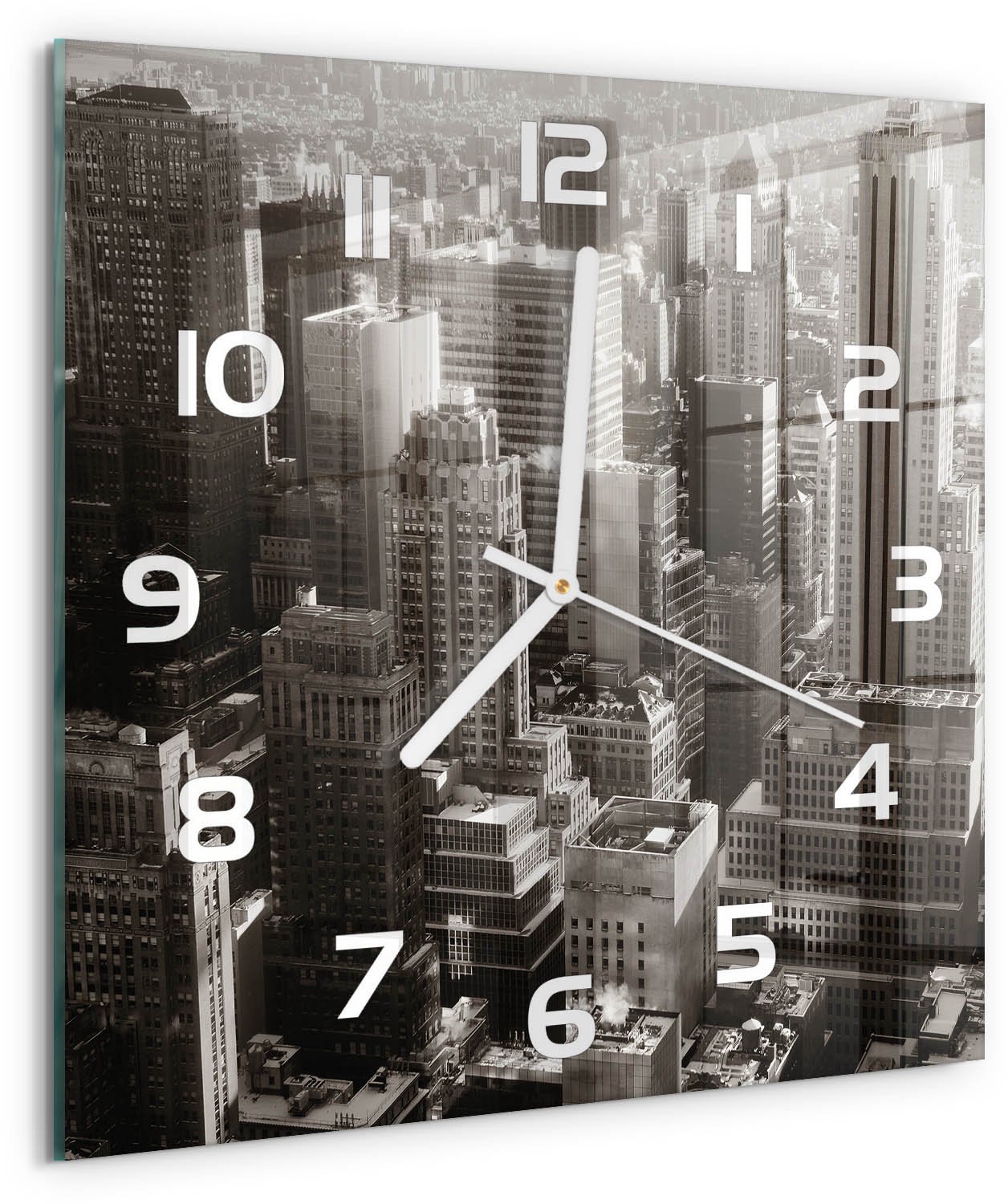 TULUP Wandklok - New York Glazen Wandklok Design - 30x30 cm - Zwart-wit Klok Glas Met Opdruk - Witte handen - Vierkante Klok - Wandklok Glas Met Motief - Decoratieve Glazen Klok