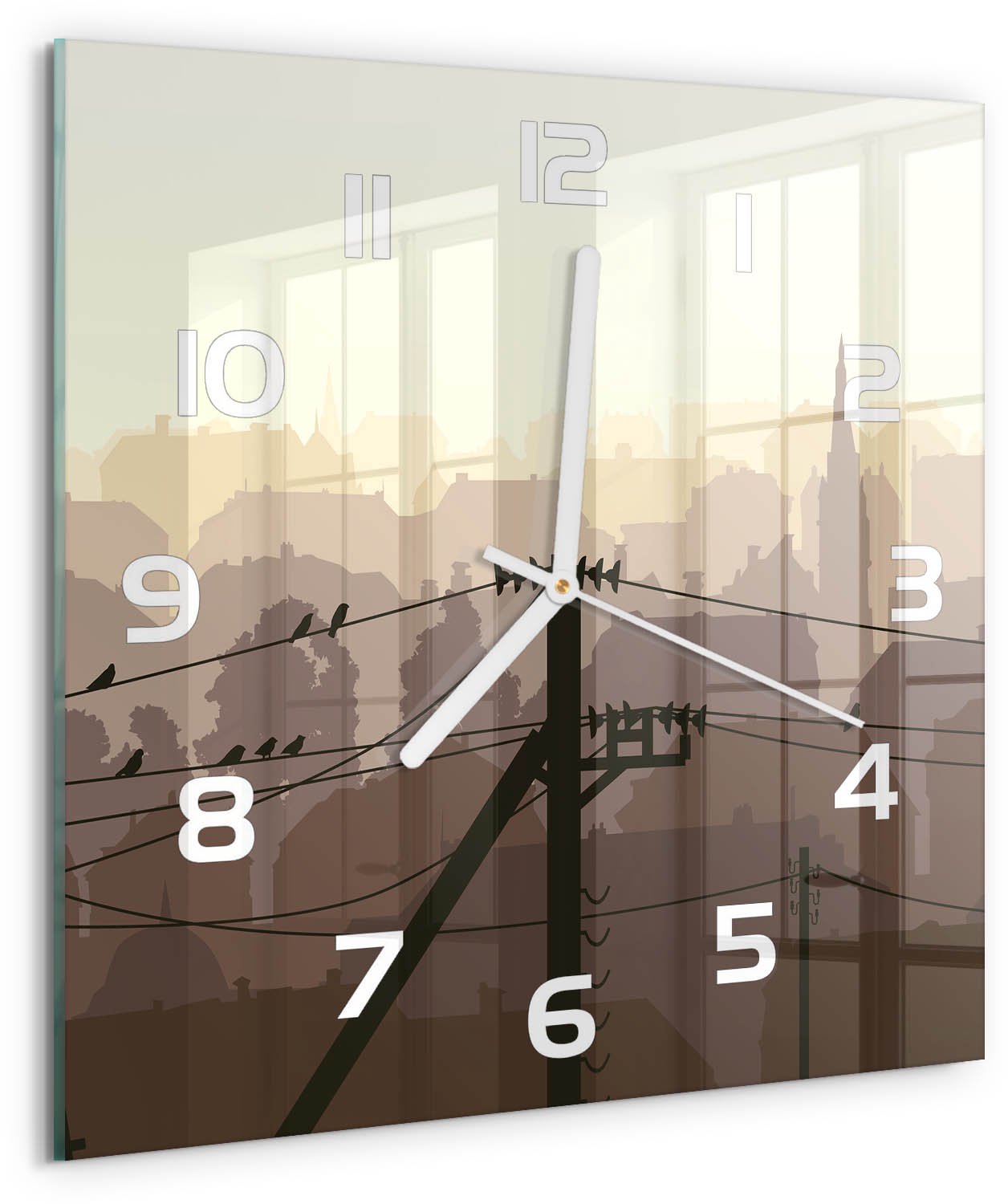 TULUP Wandklok - Stadsstroomleiding Klok Glas Met Opdruk - 30x30 cm - Bruin Moderne Wandklok Glas - Witte handen - Vierkante Klok - Decoratieve Glazen Klok - Glazen Wandklok Design