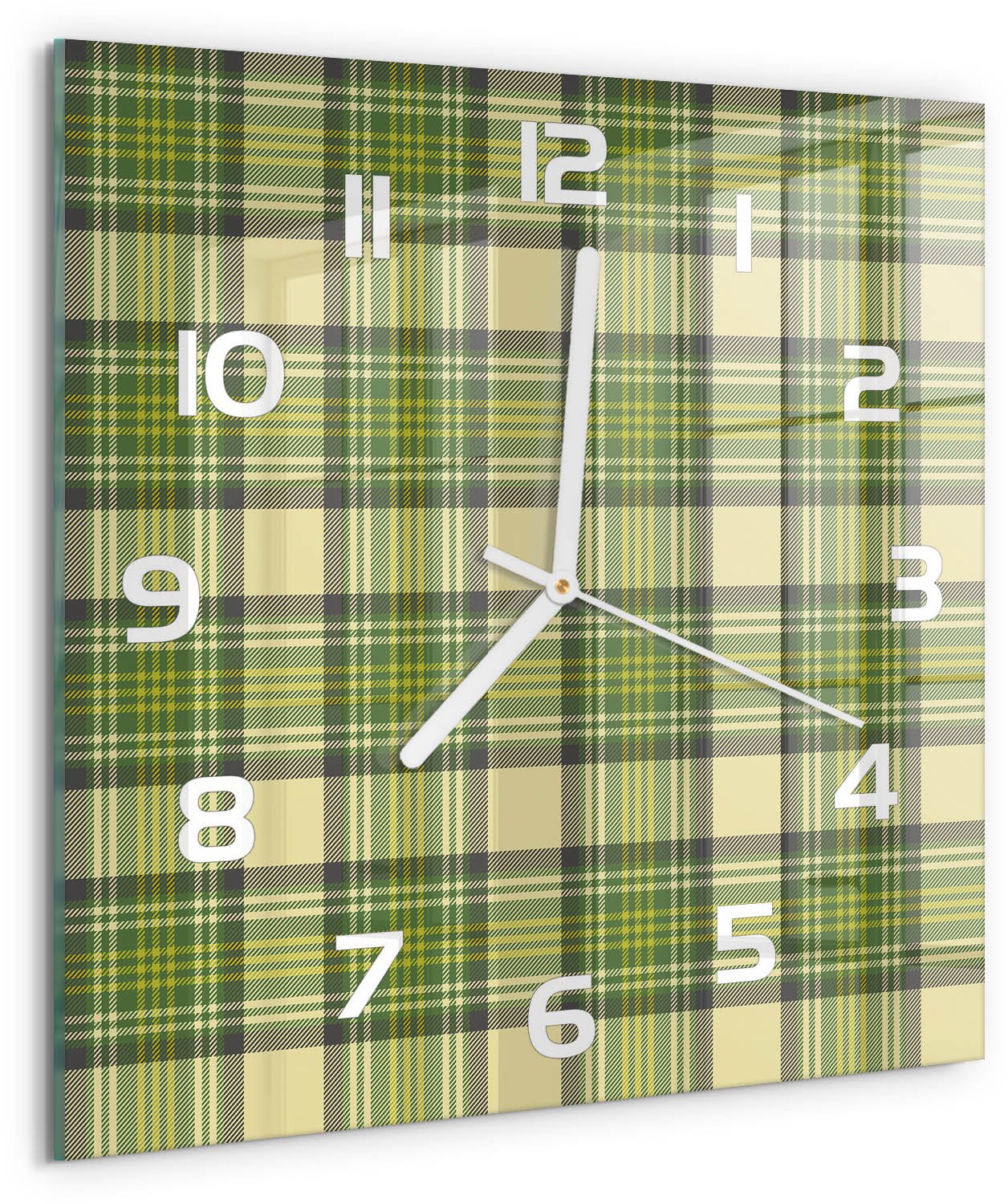 TULUP Wandklok - Groen raster Klok Glas Met Opdruk - 30x30 cm - Groente Moderne Wandklok Glas - Witte handen - Vierkante Klok - Decoratieve Glazen Klok - Glazen Wandklok Design