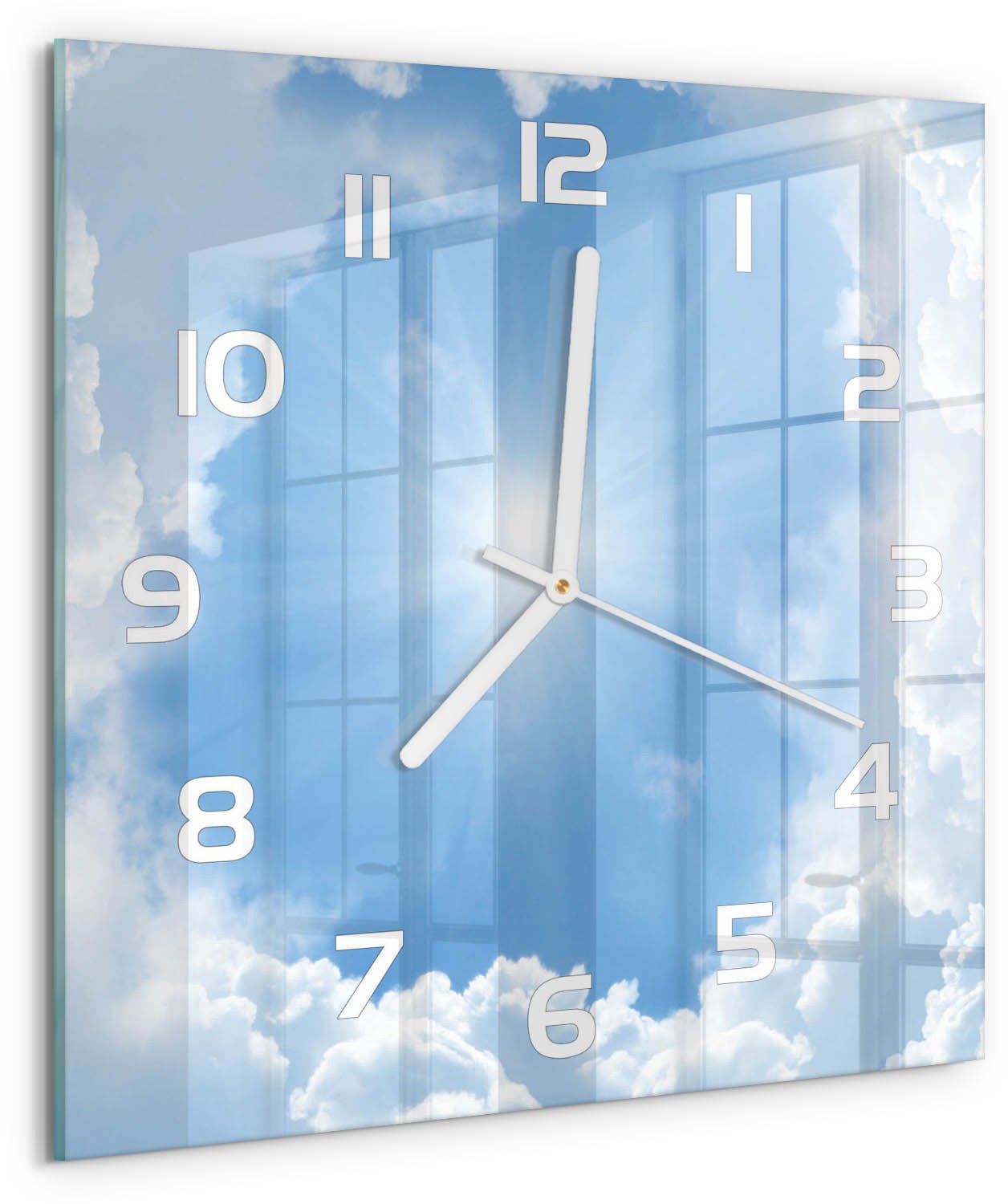Tulup Wandklok - Wolken aan de hemel Gekleurde Glazen Klok - 30x30 cm - Blauw Glazen Klok Met Print - Witte handen - Vierkante Klok - Moderne Wandklok Glas - Wandklok Glas Decoratie