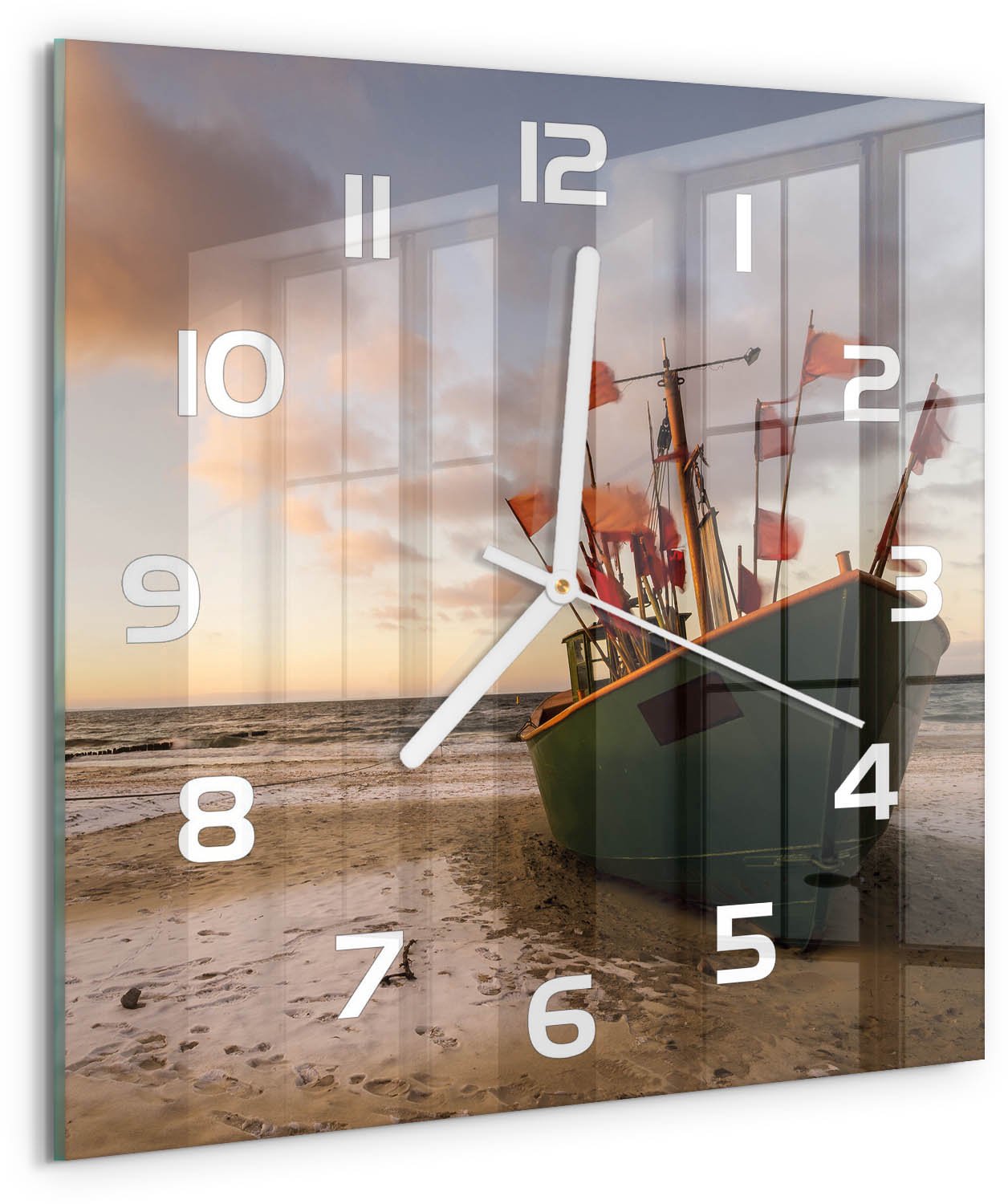 Tulup Wandklok - Strand met vissersboten Decoratieve Glazen Klok - 30x30 cm - Groente Glazen Wandklok Design - Witte handen - Vierkante Klok - Glazen Klok Met Print - Wandklok Glas Met Motief