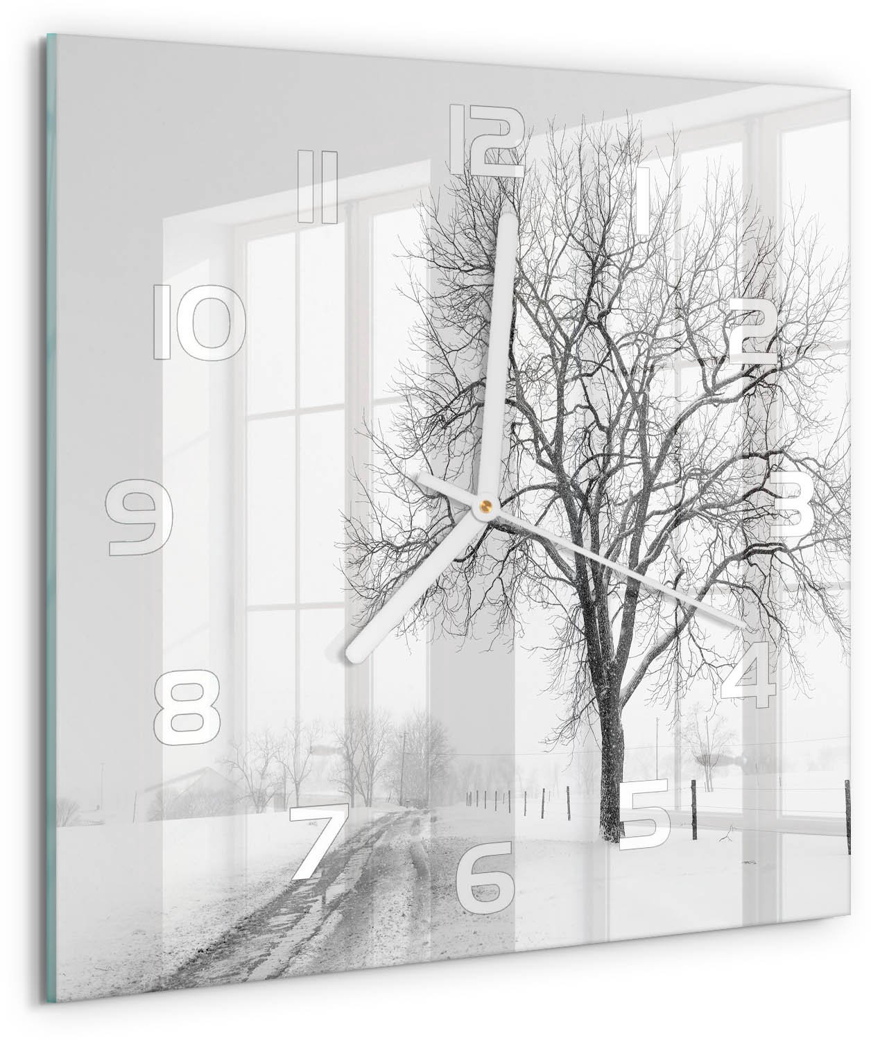 Tulup Wandklok - Winterboom Wandklok Glas Met Motief - 30x30 cm - Wit Decoratieve Glazen Klok - Witte handen - Vierkante Klok - Gekleurde Glazen Klok - Glazen Klok Met Print