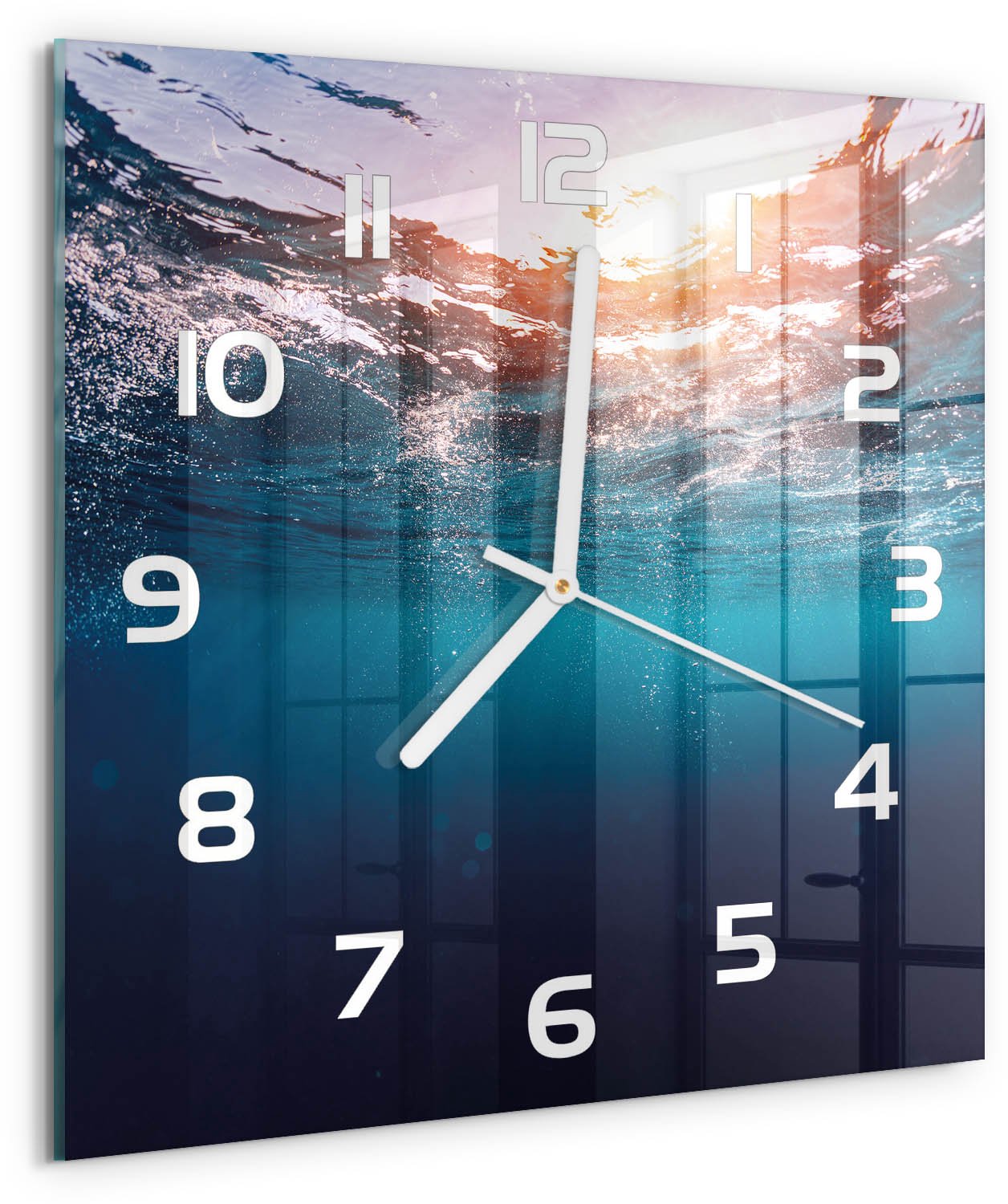 Tulup Wandklok - Onderwaterwereld Klok Glas Met Opdruk - 30x30 cm - Blauw Moderne Wandklok Glas - Witte handen - Vierkante Klok - Decoratieve Glazen Klok - Glazen Wandklok Design