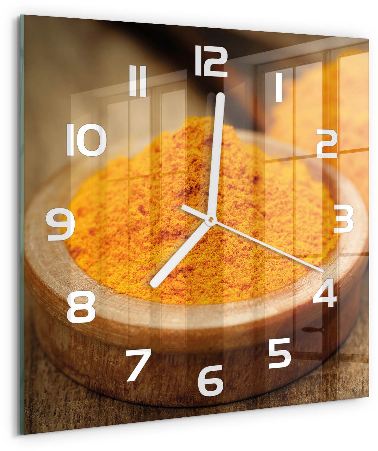 Tulup Wandklok - Kurkuma specerij Gekleurde Glazen Klok - 30x30 cm - Oranje Glazen Klok Met Print - Witte handen - Vierkante Klok - Moderne Wandklok Glas - Wandklok Glas Decoratie