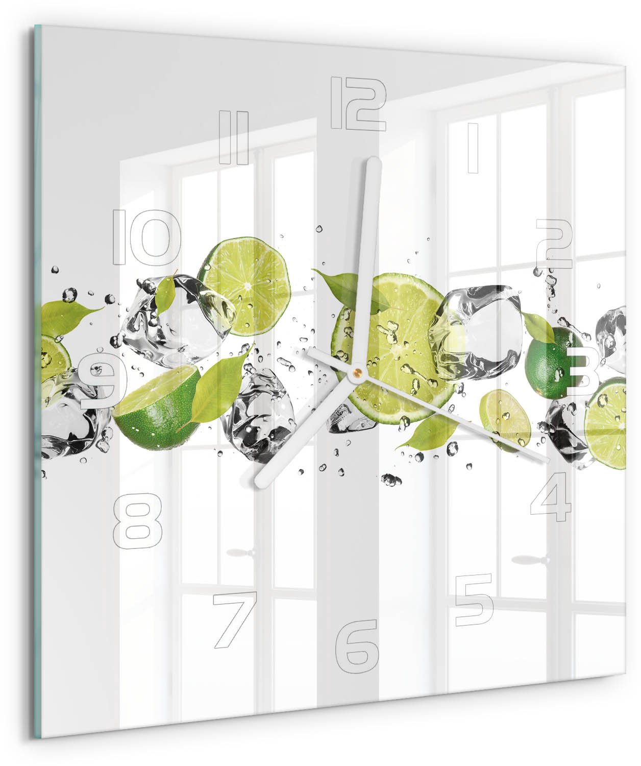 Tulup Wandklok - Kalk en water Wandklok Glas Met Motief - 30x30 cm - Groente Decoratieve Glazen Klok - Witte handen - Vierkante Klok - Gekleurde Glazen Klok - Glazen Klok Met Print