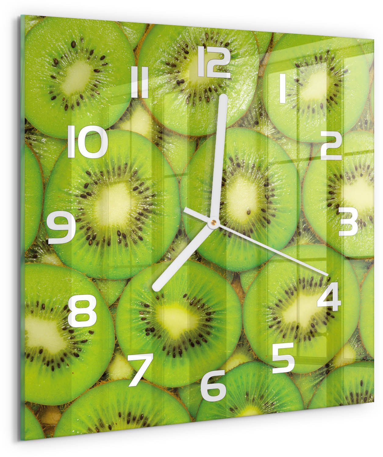 Tulup Wandklok - Kiwi Decoratieve Glazen Klok - 30x30 cm - Groente Glazen Wandklok Design - Witte handen - Vierkante Klok - Glazen Klok Met Print - Wandklok Glas Met Motief