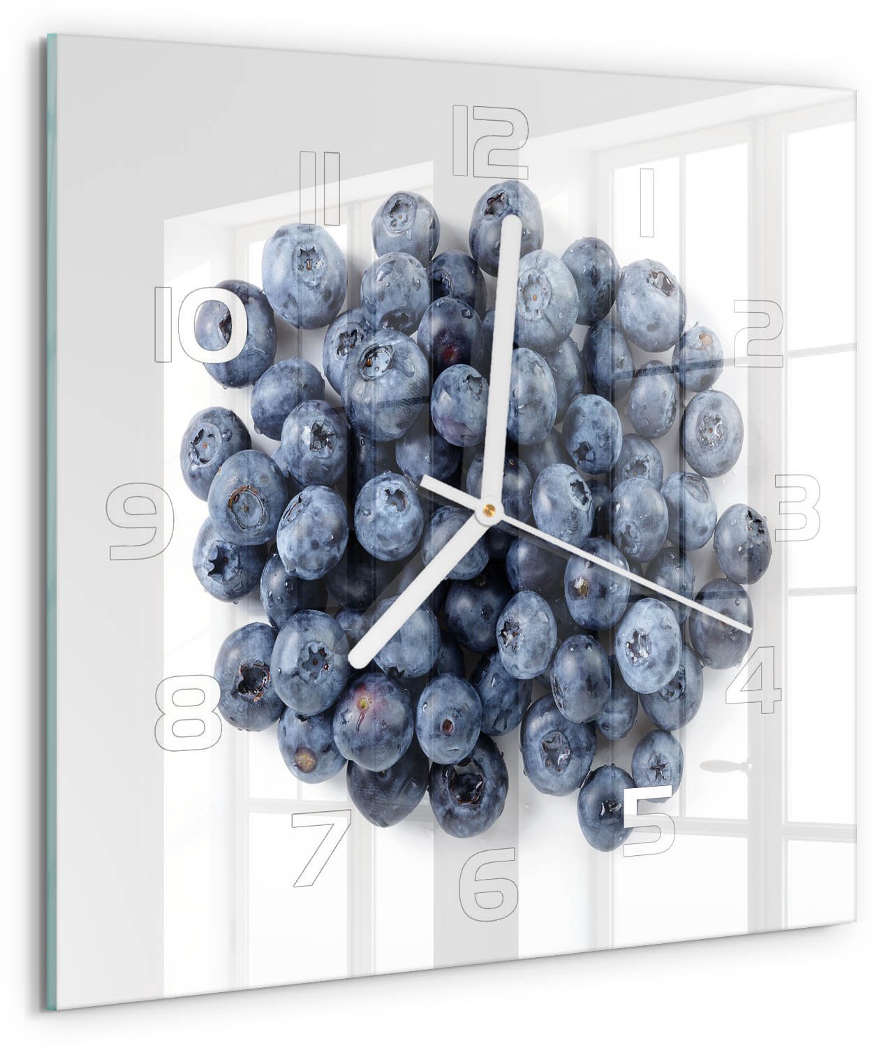 Tulup Wandklok - Bosbessen Glazen Klok Met Print - 30x30 cm - Blauw Wandklok Glas Met Motief - Witte handen - Vierkante Klok - Wandklok Glas Decoratie - Gekleurde Glazen Klok