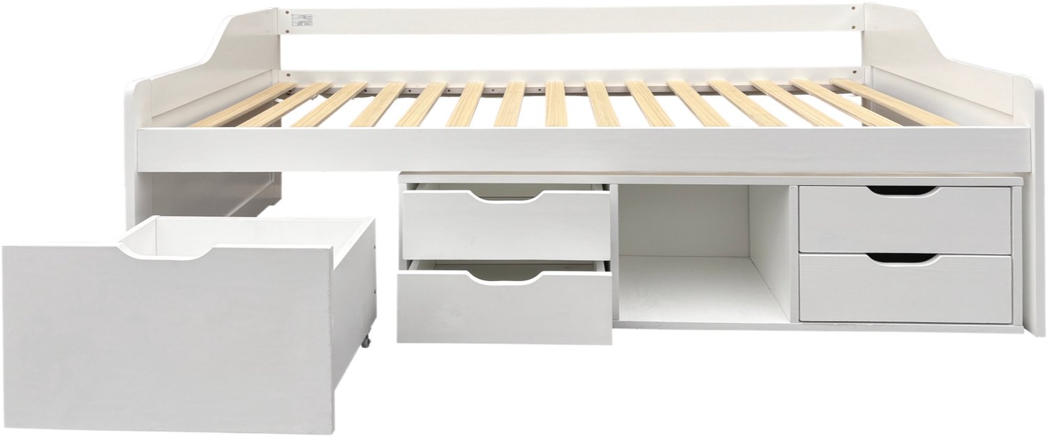 FANGDE Slaapbank / daybed 90×190 cm (zonder matras), eenvoudig kinderbed, wit grenenhout en MDF met opbergruimte en lades