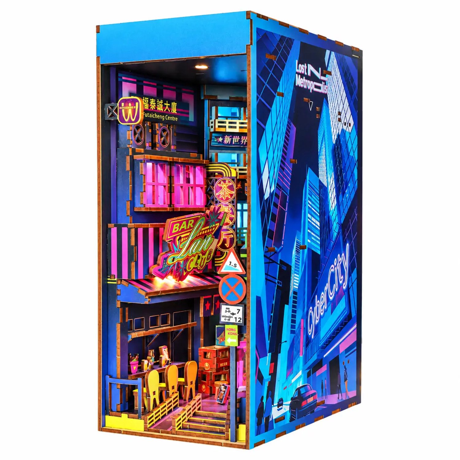 THAR Book Nook Neon Hong Kong Street – DIY Miniatuurstraat met LED – Houten Bouwset – 310 Onderdelen