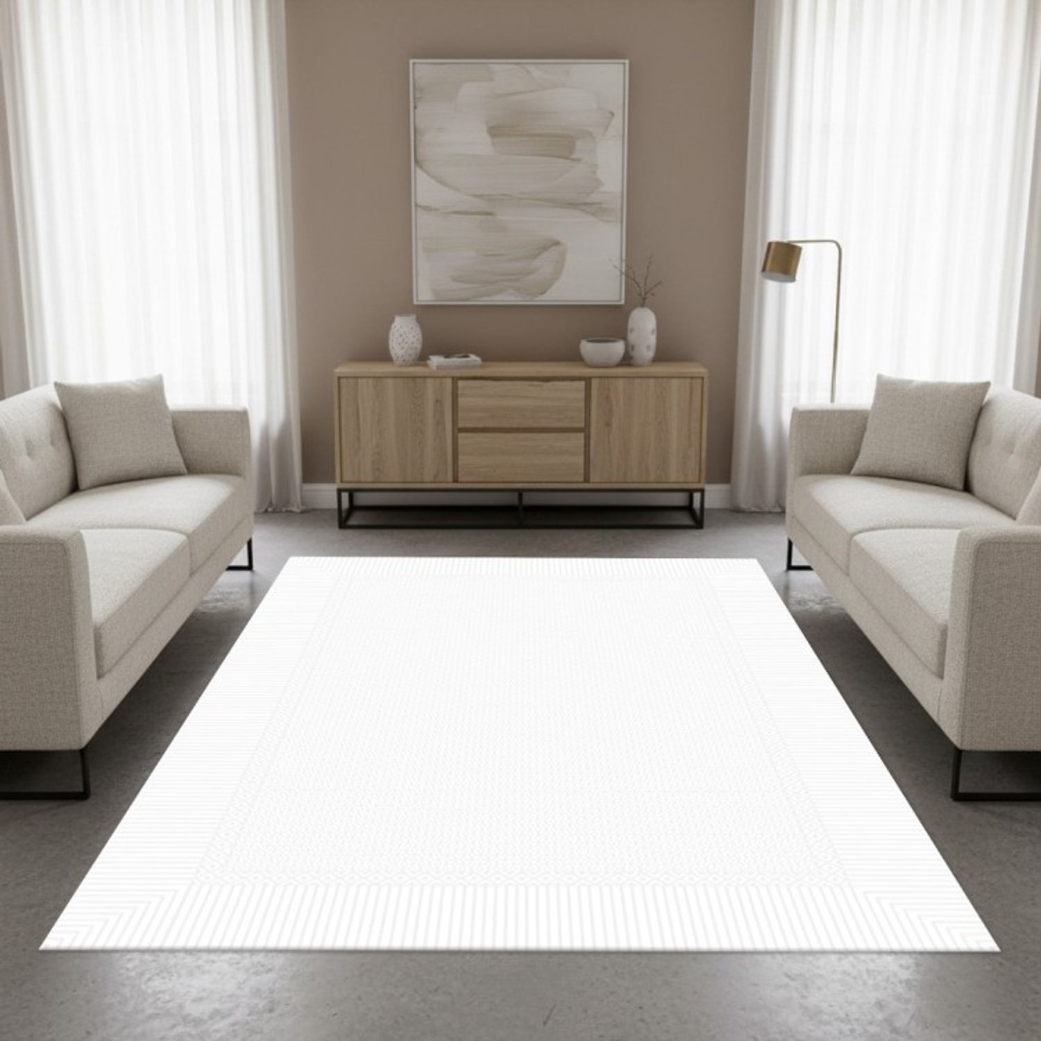 TapisTrend Designer tapijt Crème Klassiek acryl vloerkleed met een dunne geometrische rand voor de woonkamer, slaapkamer en eetkamer, foto 3