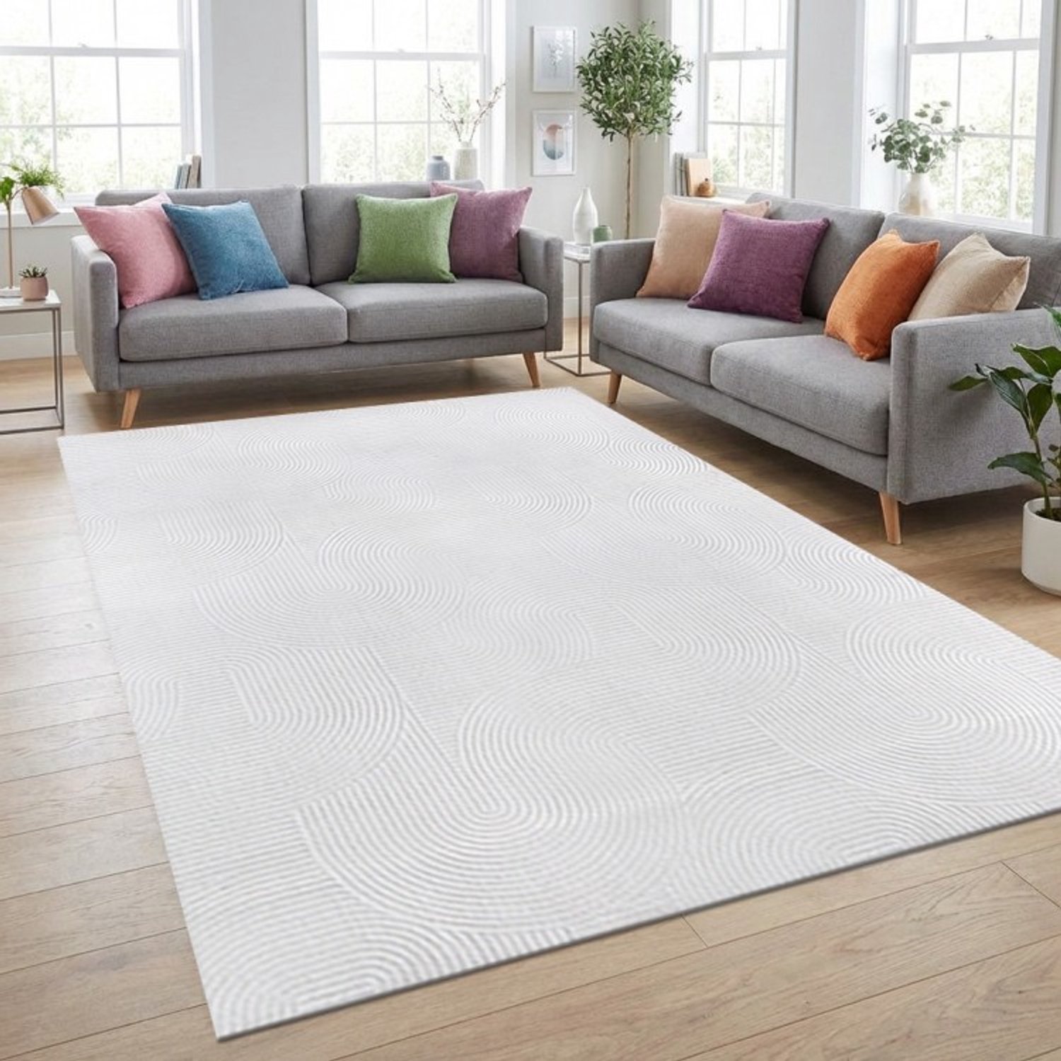 TapisTrend Designer tapijt Wit 80x300 cm Modern vloerkleed met in elkaar verweven bogen en verhoogde gebogen lijnen voor de woonkamer, slaapkamer en eetkamer