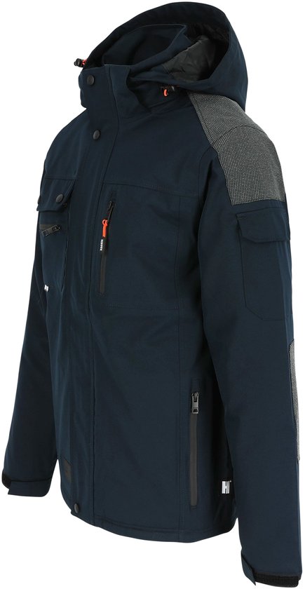 Donkerblauwe jas met capuchon, diverse zakken, met grijze textuur op de schouders.