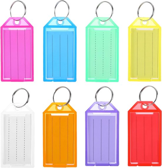 Set van acht kleurrijke, doorzichtige plastic sleutelhangers met metalen ringen en beschrijfbaar label.