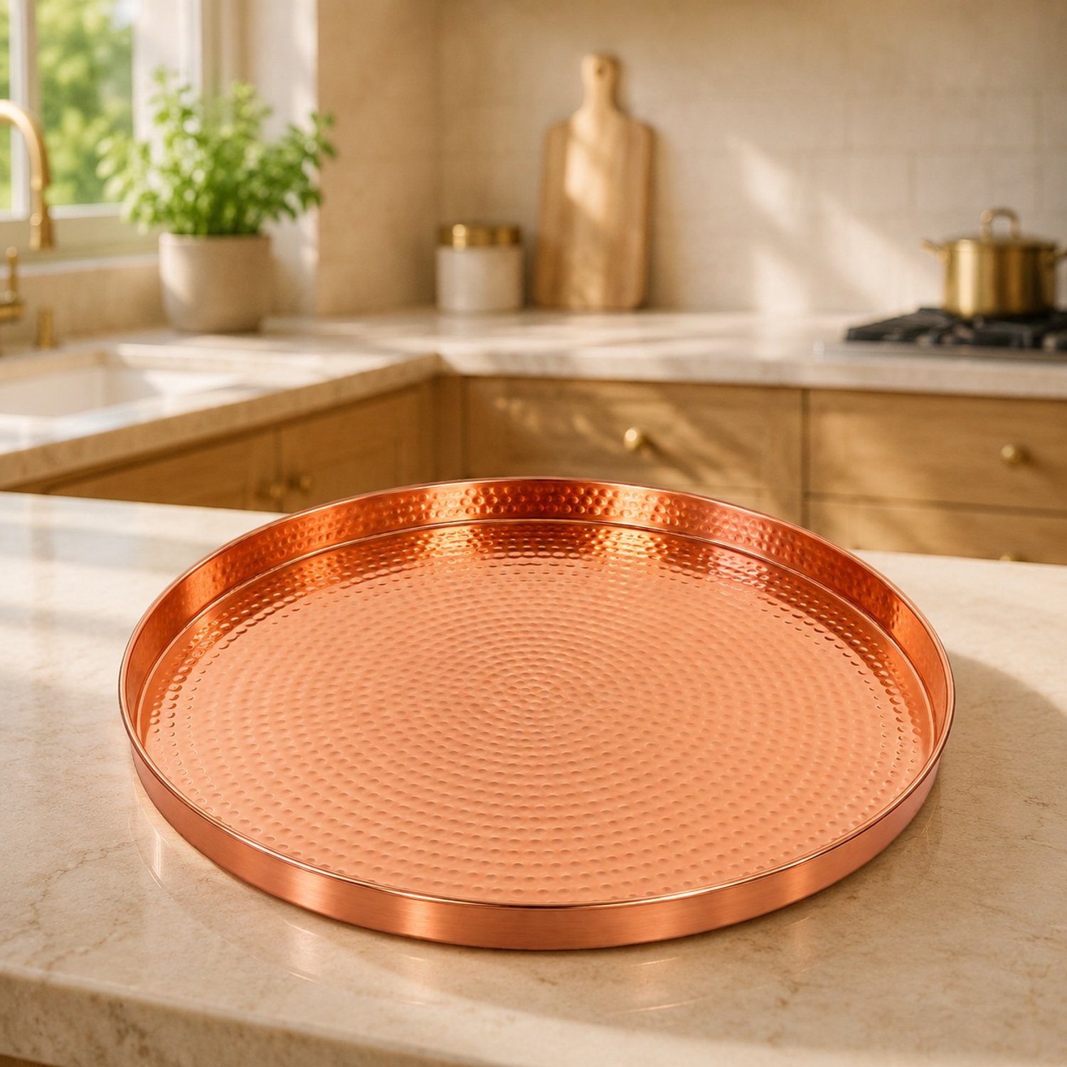 Puur koperen dienblad rond (ø 32 cm) - gehamerd gepolijst (zware uitvoering)