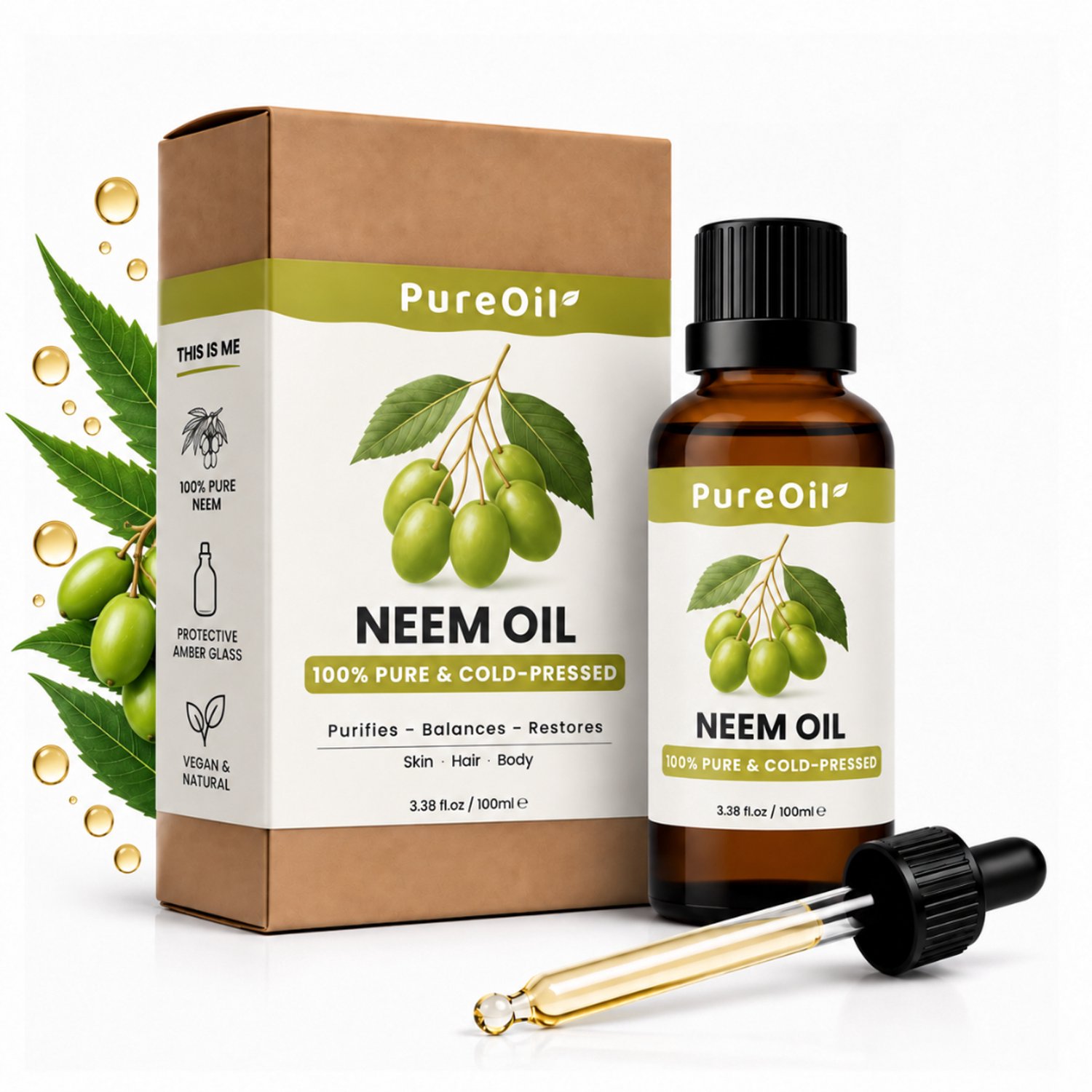 PureOil - Neemolie - 100ml - 100% Puur & Vegan - Koudgeperst - Voor Haar | Huid | Gezicht | Scalp | Nagels - Hydraterend - Anti Aging - Neem Olie Voor Planten - Voor Acne Haargroei