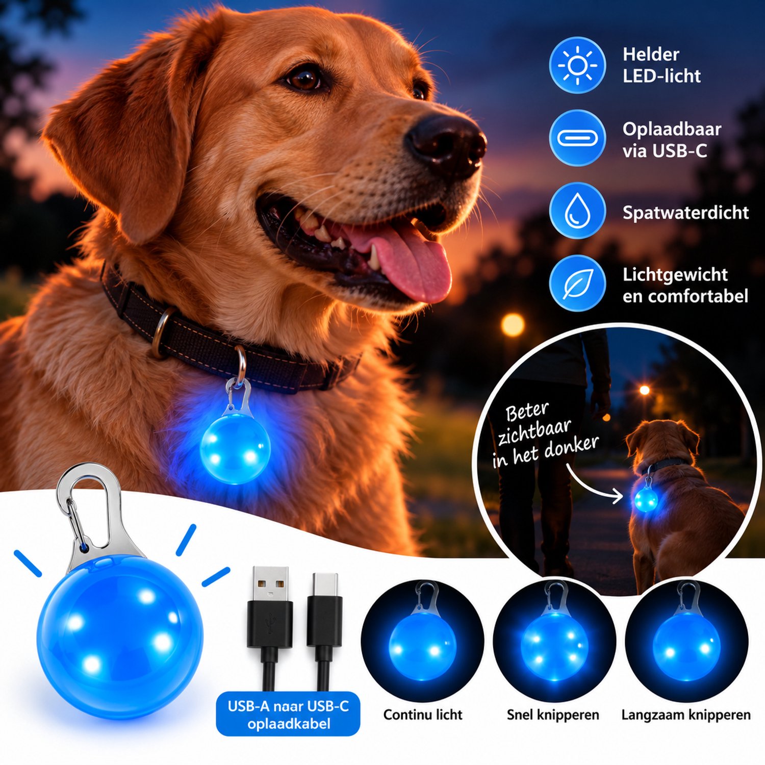 JN® Oplaadbare USB-C hondenverlichting - Kleur Blauw - Hond - Hondenlamp - Oplaadbaar - USB oplaadbare hondenlamp – Hondenlicht - Hond uitlaten – Verlichting hond - Oplaadbare verlichting