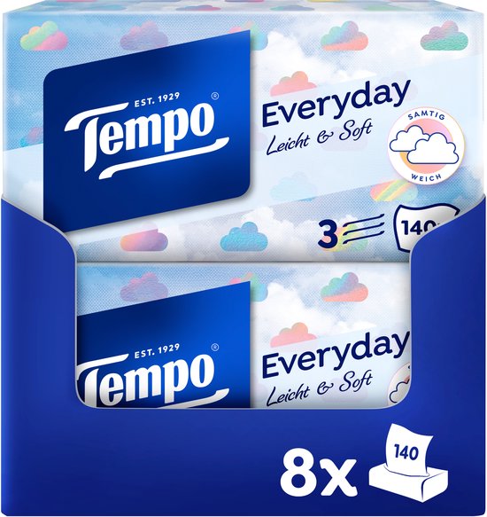 Mouchoirs Tempo Everyday avec un imprimé doux de nuages aux couleurs pastel. Boîte XXL de 8 paquets de 140 pièces.
