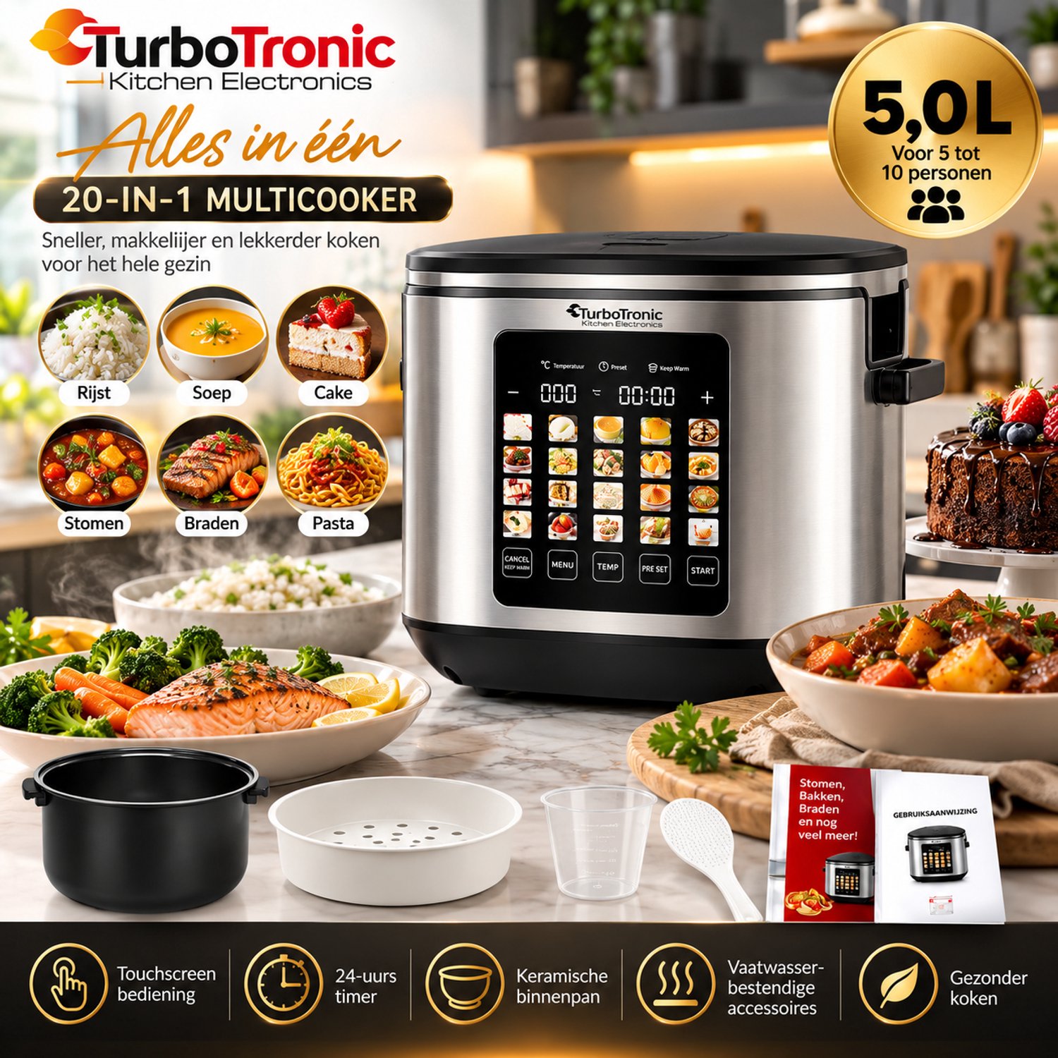 TurboTronic Multicooker 5L – Rijstkoker & Multicooker – 20 Kookprogramma’s – 5 tot 10 Personen – 24-uurs Voorinstelling – Keramische Binnenpan – foto 3