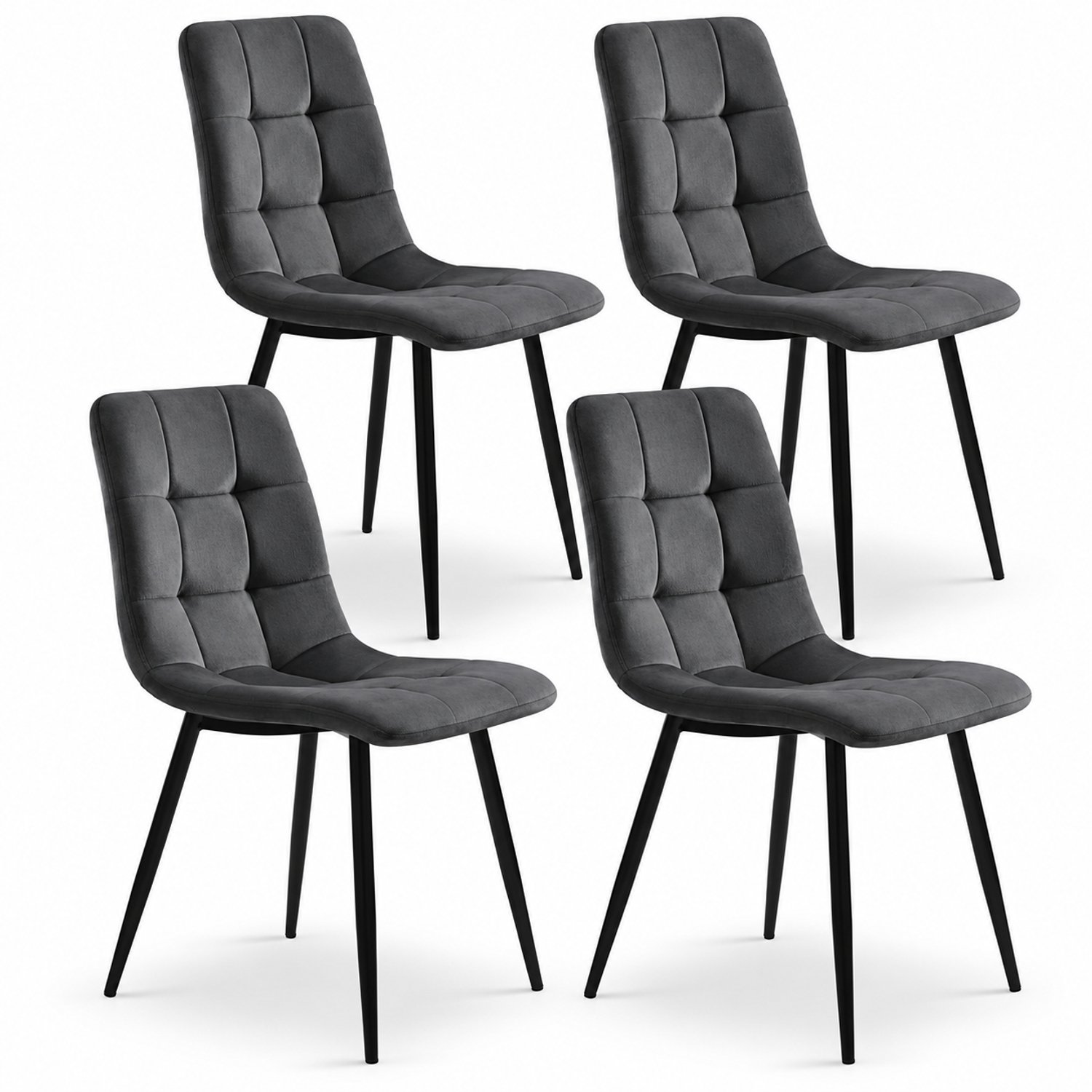 Luxevo Eetkamerstoelen Set van 4 - Gestoffeerde Stoelen - Gewatteerde Rugleuning - Zwarte Metalen Poten - Grijs