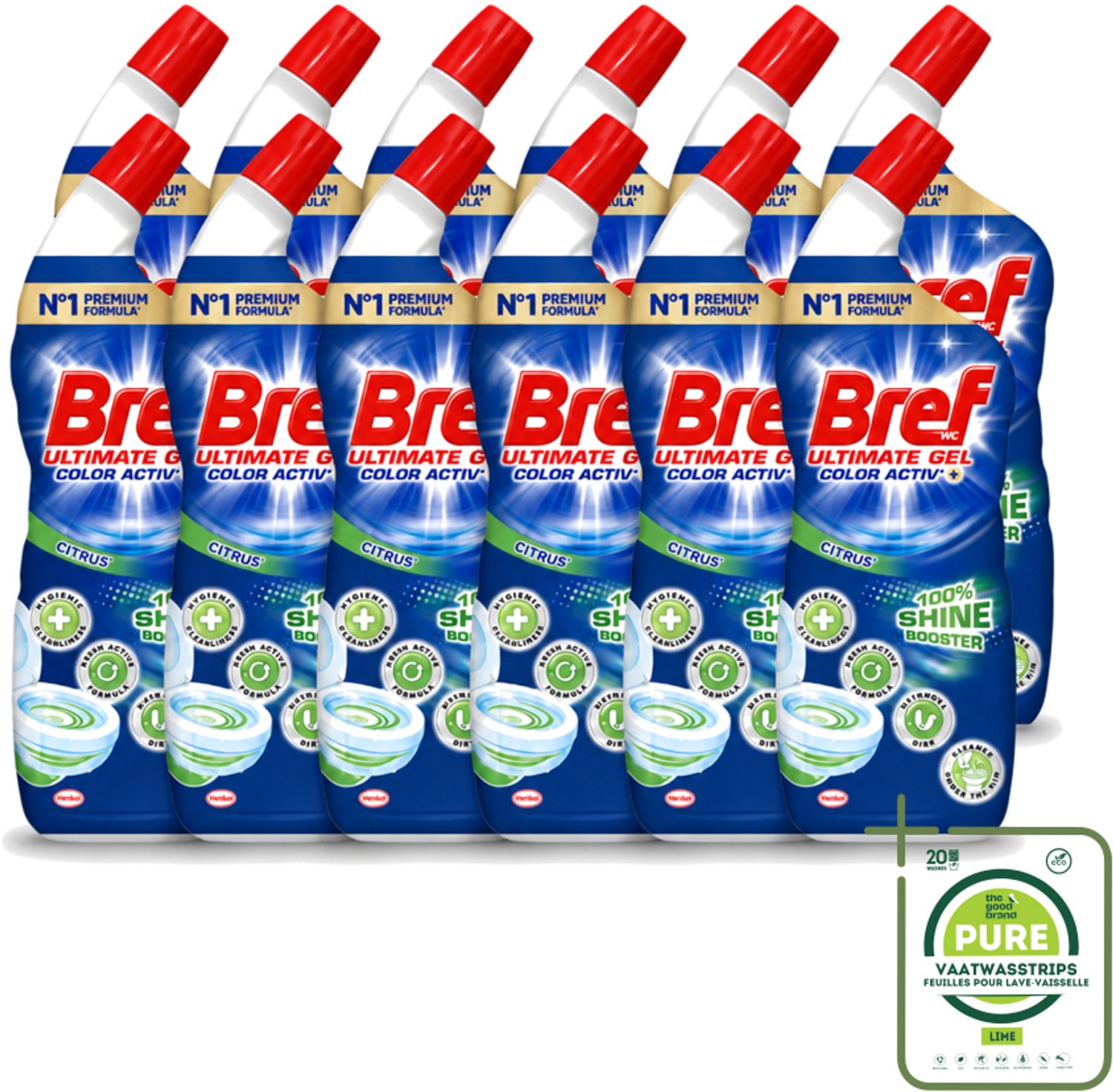12 x Bref WC - Ultimate Gel Color Activ+ - Toiletreiniger - Citrus - 700 ml - Grootverpakking - Vaatwasstrips - Hygiëne Toilet - Toilet Reinigen - Toilet Reinigingsgel - Toilet Reinigingsproduct - Toilet Kalk Bestrijden
