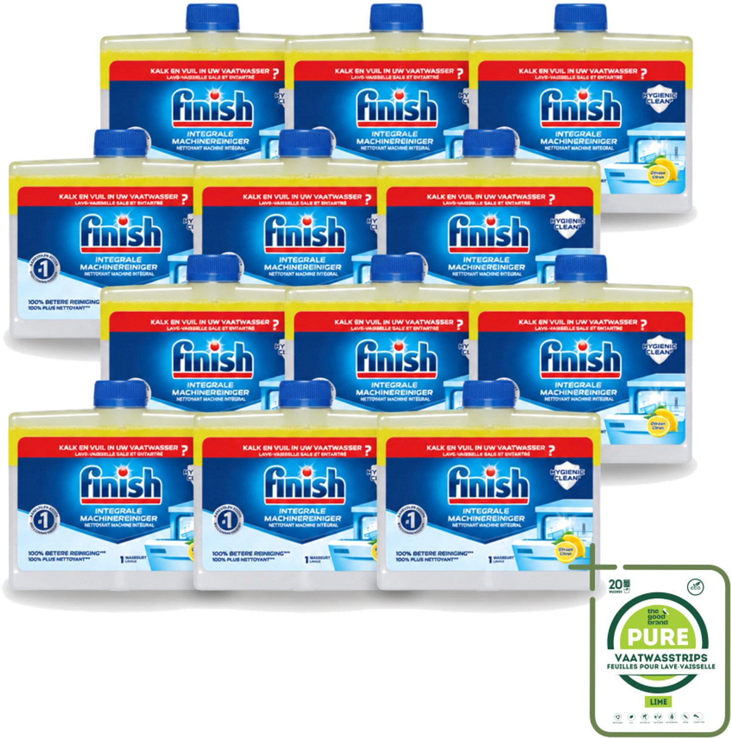 12 x Finish - Integrale Machinereiniger - Hygienic Clean - Anti-Kalk & Anti-Vuil - Citroen - 250ml - Grootverpakking - Vaatwasstrips - Vaatwasmachinereiniger - Vaatwasmachine Reinigen - Kalkverwijderen - Vetverwijderen - Vaatwasser Reinigen