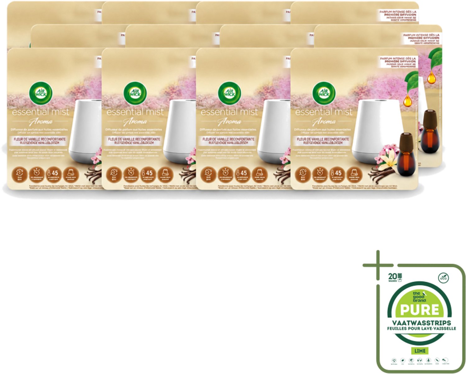 12 x Air Wick Essential Mist - Elektrische Geurverspreider - Starterkit - Rustgevende Vanillebloesem - 20ml - Grootverpakking - Vaatwasstrips - Geurverspreider - Vanillebloesem - Rustgevende Geur - Essentiële Oliën - Warme Geur