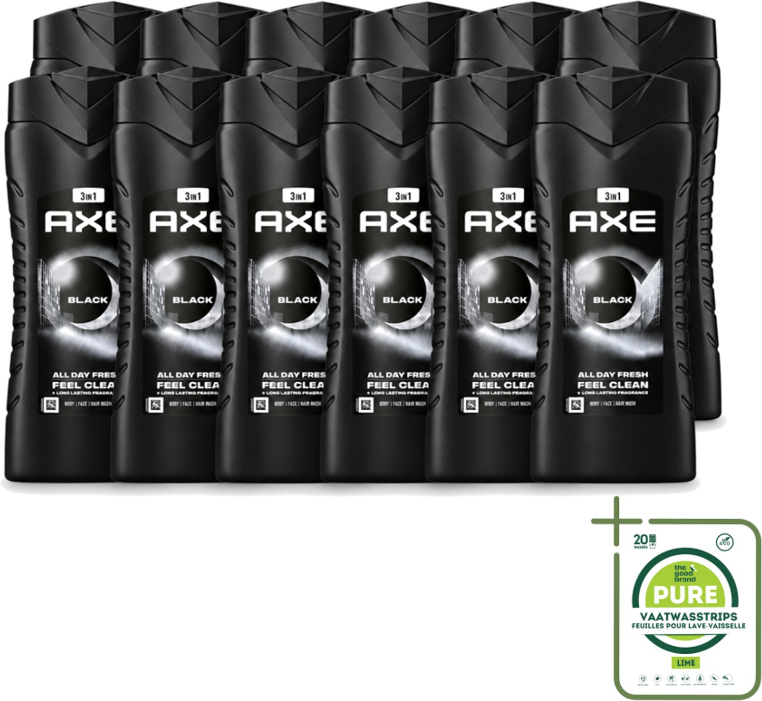 12 x Axe XL - 3-in-1 Douchegel - Black - Frozen Pear & Cedarwoord - 12hrs Long Lasting Scent - 400 ml - Grootverpakking - Vaatwasstrips - Douchegel - Lichaam - Gezicht - Haar - Frisheid