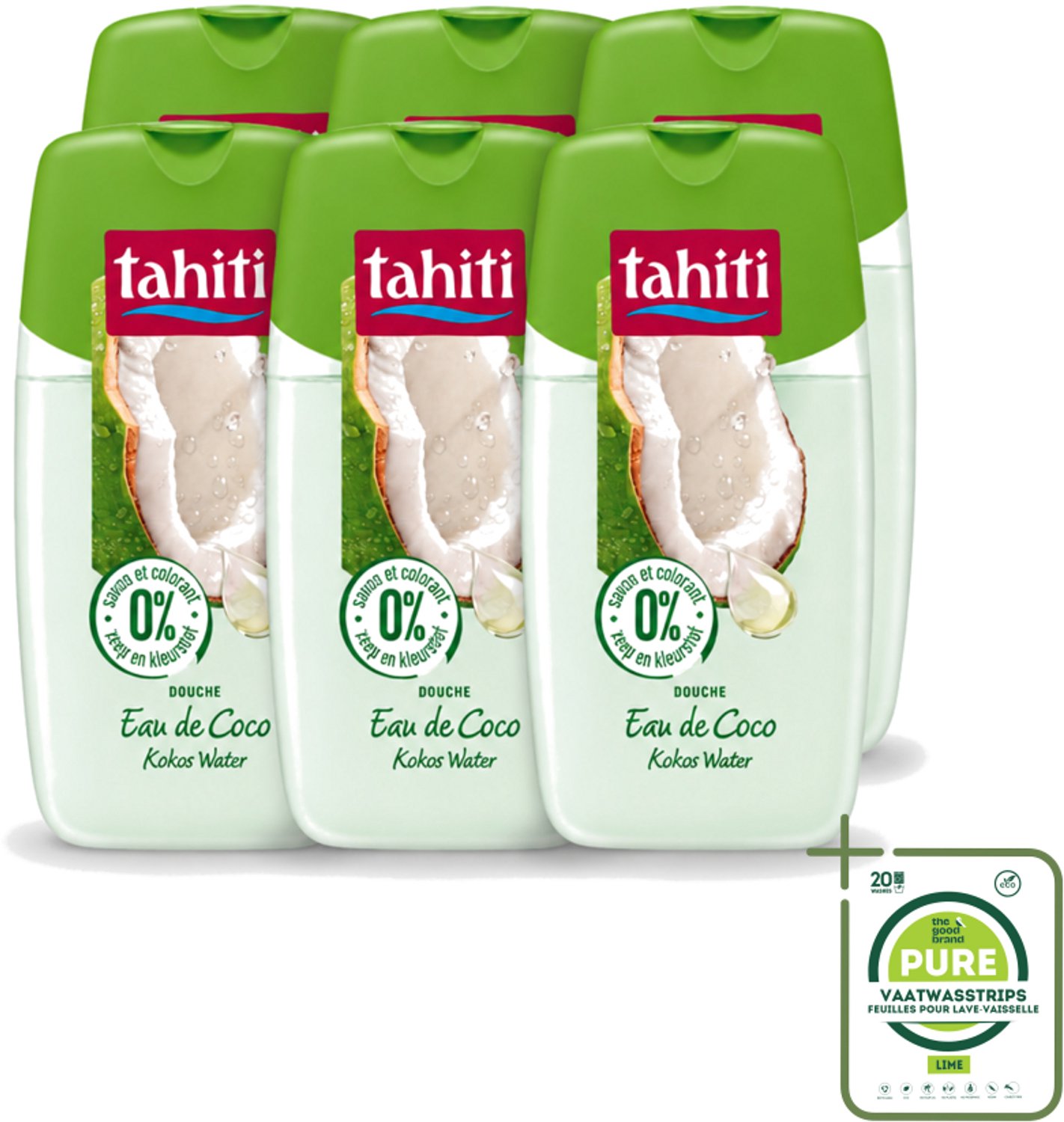 6 x Tahiti - Douchegel - Kokos Water - 0% Kleurstof - 250 ml - Grootverpakking - Vaatwasstrips - Douchegel Kokos Water - Kokos Water Douchegel - Hydraterende Douchegel - Zachte Huid - Huid Verzorging