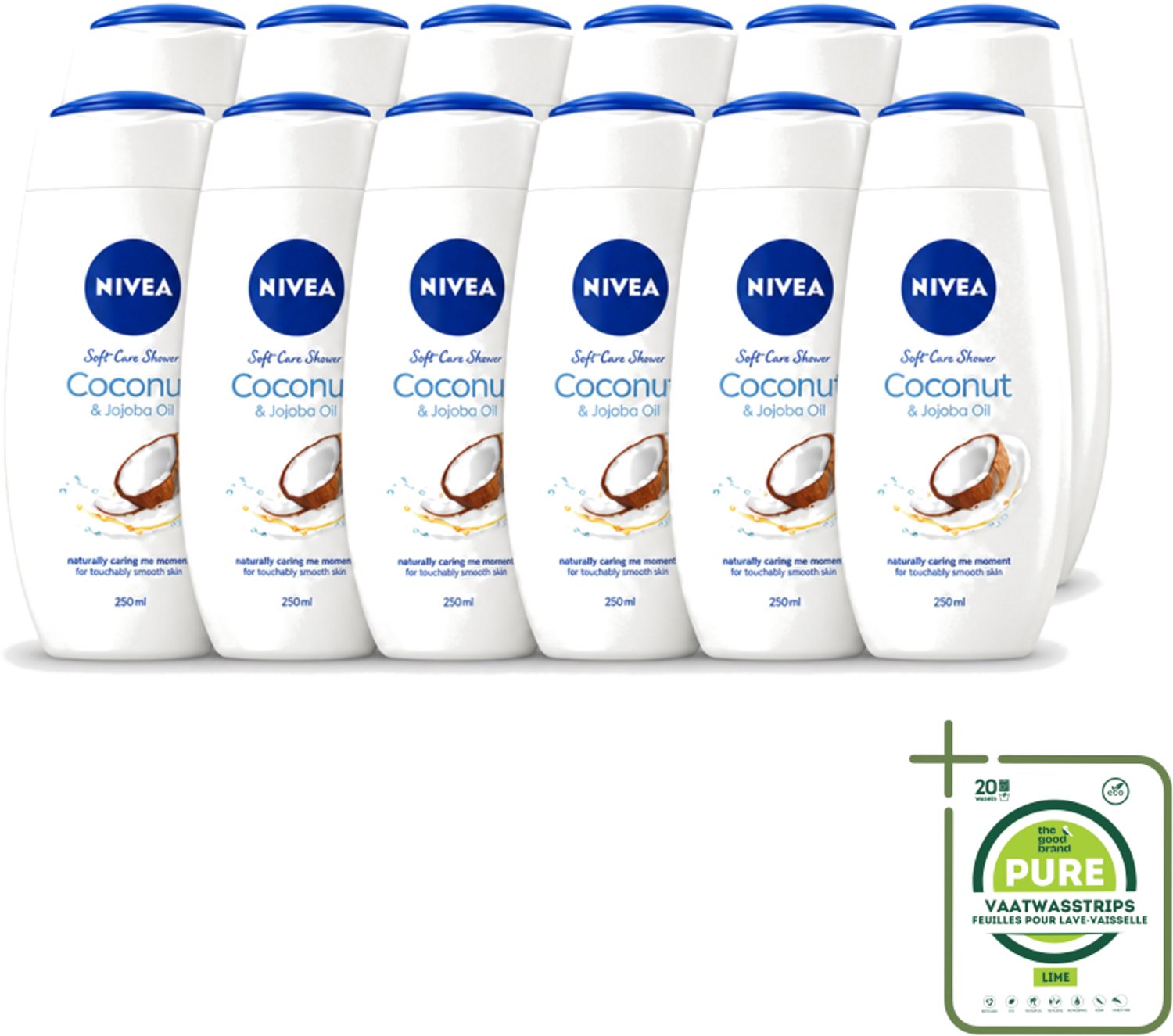 12 x Nivea - Huid Beschermende Douchecreme - Kokosnoot - 250 ml - Grootverpakking - Vaatwasstrips - Douchecrème - Kokosnoot - Huidbeschermend - Hydratatie - Huidverzorging