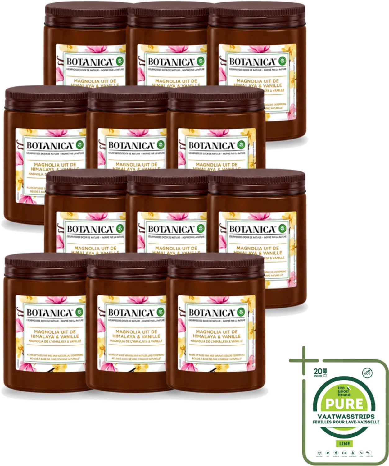 Air Wick 12 x Botanica by Air Wick - Geurkaars - Vanille & Magnolia - 40 Uur Brandduur - Grootverpakking - Vaatwasstrips - Geurkaars - Vanille En Magnolia - Natuurlijke Geur - Luxe Geur - Ontspanning Bruin