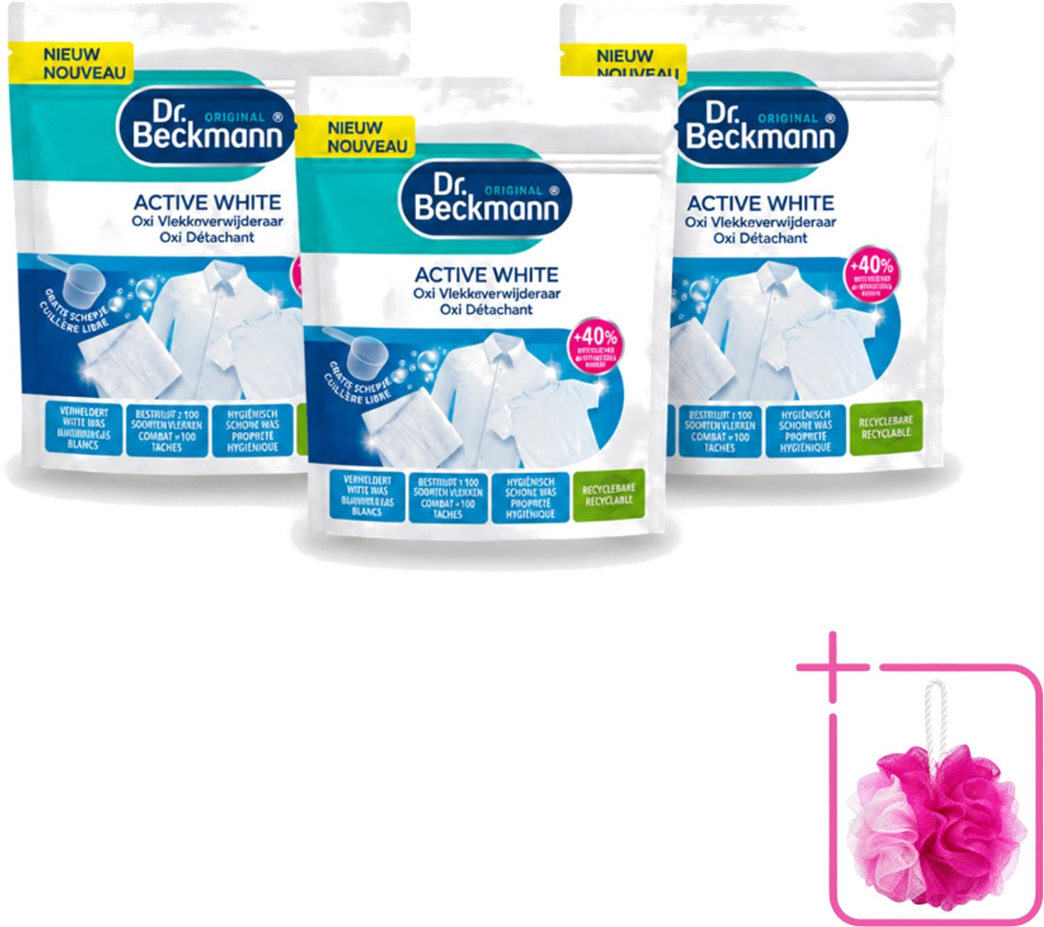 3 x Dr. Beckmann – Active White Oxi – Witte Was Poeder – 400 g - Bulkverpakking - Wasmiddel - Douchemop - Vlekverwijderaar