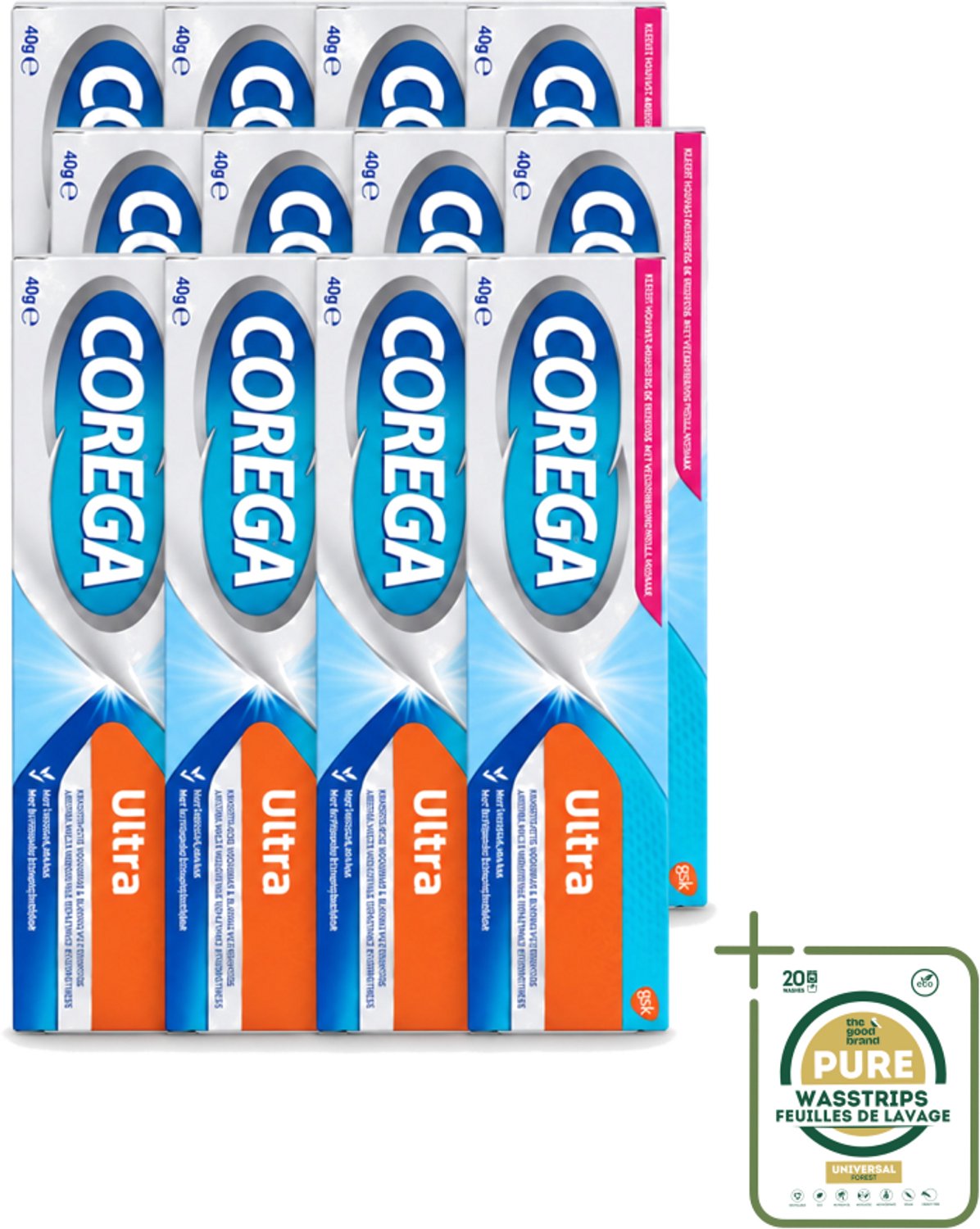 12 x Corega Ultra Kleefcrème - Krachtig Houvast & Bescherming - Met Verfrissende Mintsmaak - 40g - Wasstrips - Gebitprothese Kleefcrème - Houvast Gebitsprothese - Prothese Fixatie - Prothese Crème - Mintsmaak Prothese