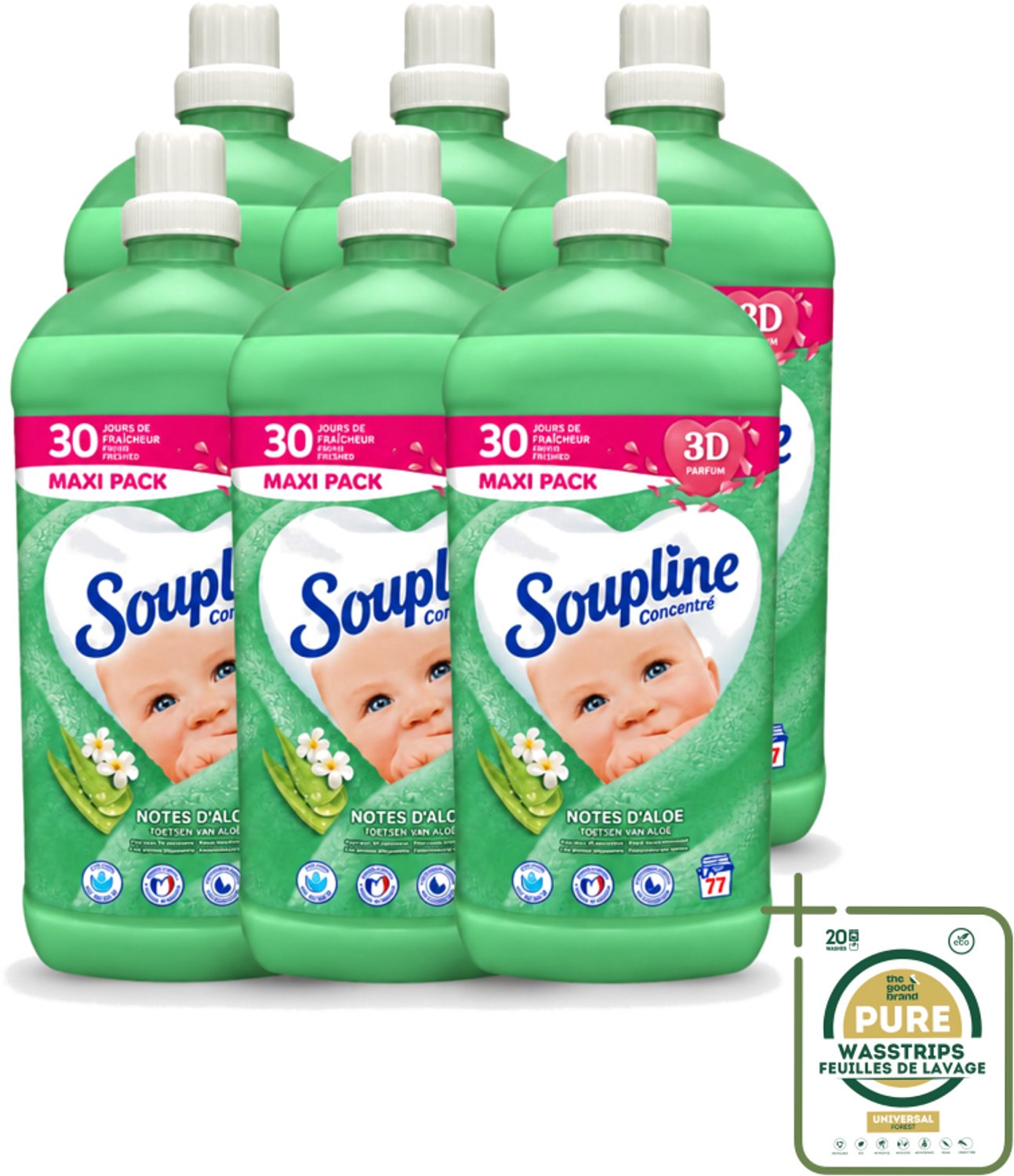 6 x Soupline - Wasverzachter - Aloë Vera Concentraat - 77 Wasbeurten - Wasstrips - Wasverzachter Aloë Vera - Wasverzachter Voor Kleding - Aloë Vera Wasverzachter - Zachte Wasverzachter - Wasverzachter Voor Gezin
