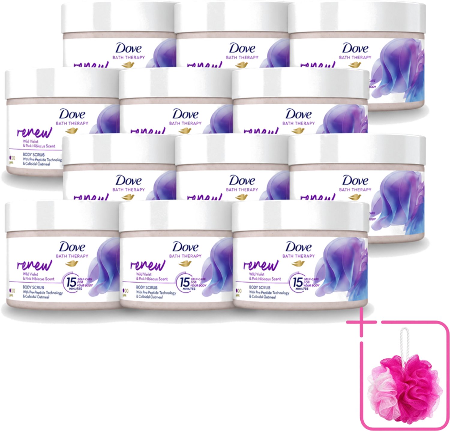 12 x Dove Bath Therapy Renew - Bodyscrub - Wilde Viooltjes & Roze Hibiscus - 295 ml - Bulkverpakking - Huidvernieuwing - Douchemop - Huidscrub