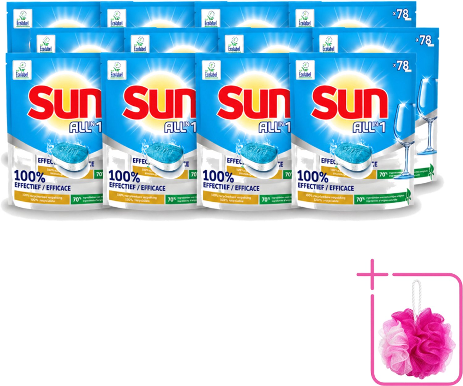 12 x Sun All-in-1 - Eco Label - Vaatwastabletten - 78 Tabletten - Bulkverpakking - Vaatwastabletten - Douchemop - Milieuvriendelijke vaatwas