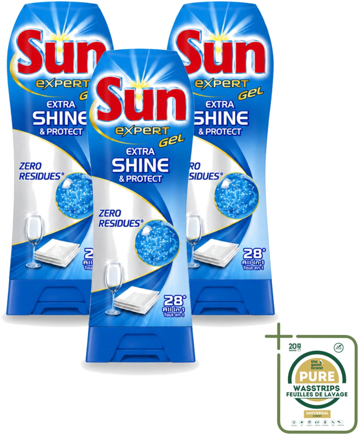 3 x Sun Expert Gel - Extra Shine & Protect - All-in-1 - Vaatwasmiddel Gel - 28 Wasbeurten - Wasstrips - Vaatwasgel - Vaatwas - Vaatwasbeurt - Vaatwasmiddel - Stralende Vaat