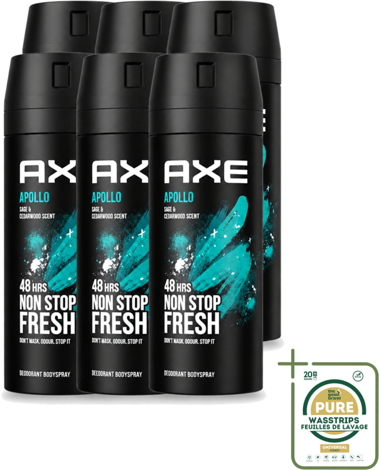 6 x Axe - Deodorant Bodyspray - 48hrs Fresh - Apollo - Sage & Cedarwoord - 150 ml - Wasstrips - 48 Uur Bescherming - Deodorant Sprayer - Geur Van Groen Fruit - Sandelhout - Verse Salie