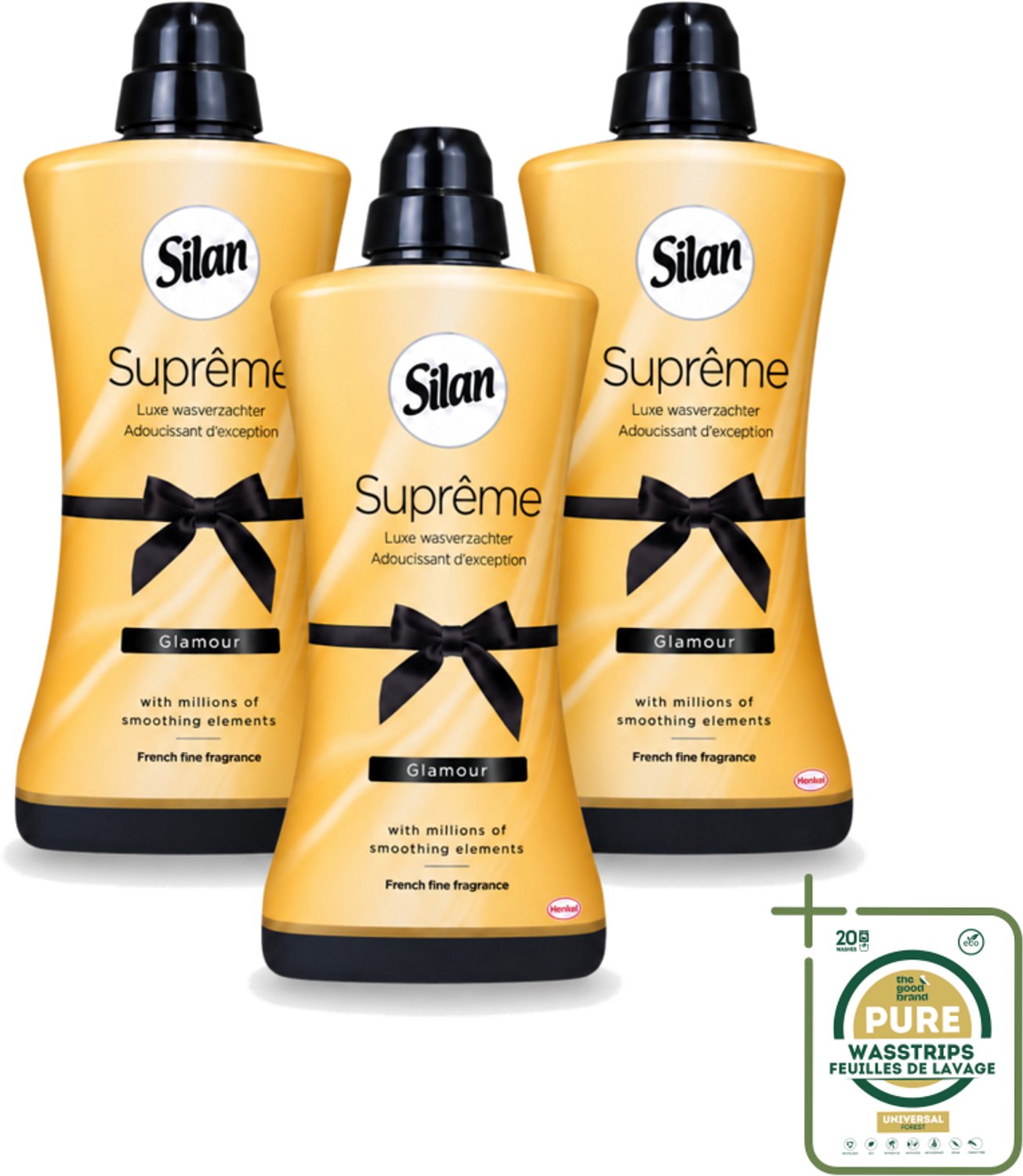 3 x Silan Suprême - Wasverzachter - Glamour - 44 Wasbeurten - 1.2L - Wasstrips - Wasverzachter - Wasgoed Verzachter - Luxe Wasverzachter - Fris Wasgoed - Zijdezacht Wasgoed