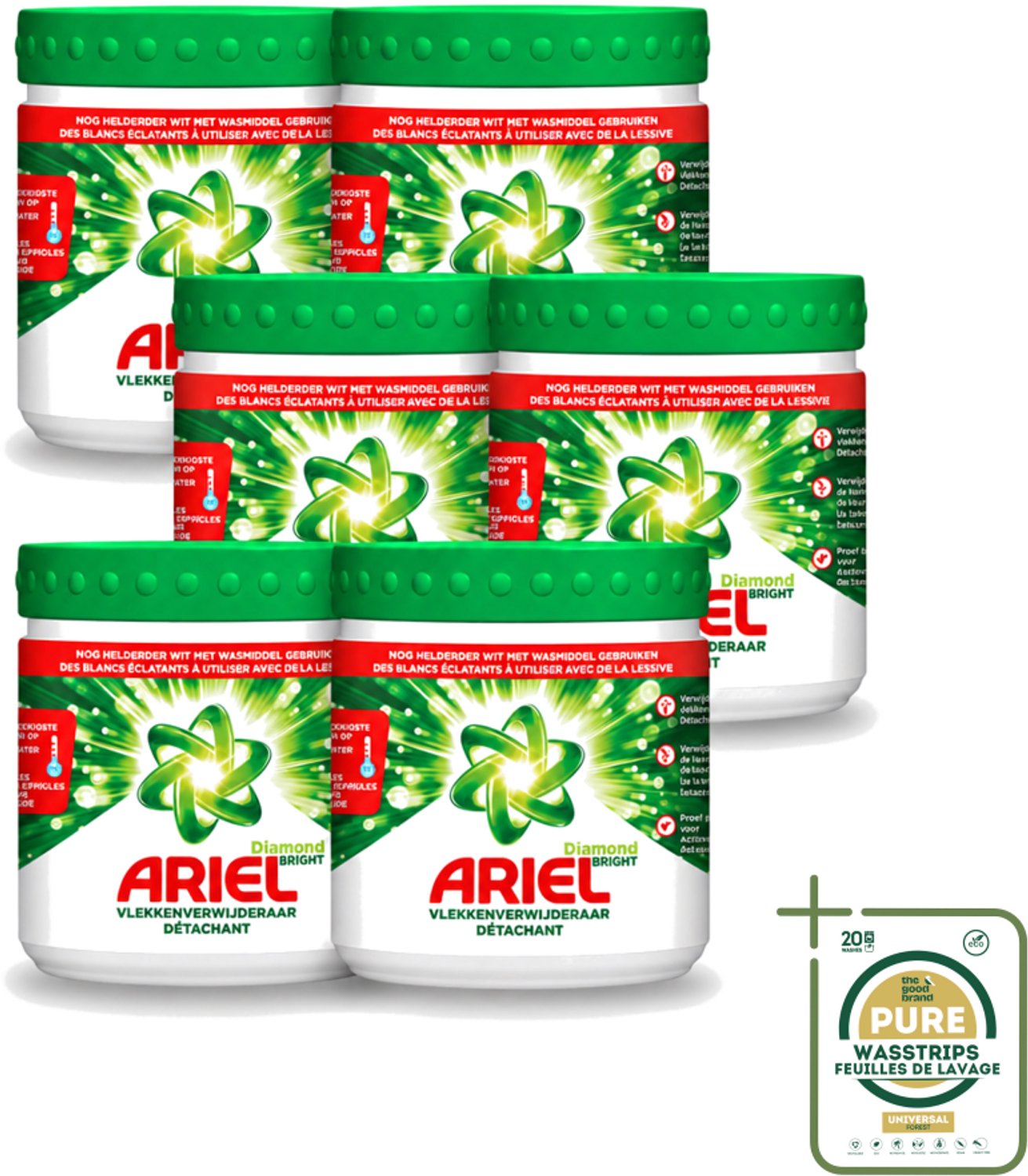 6 x Ariel Diamond Bright - Vlekverwijderaar Poeder - Witte Was - 30 Wasbeurten - Wasstrips - Vlekverwijderaar - Witte Was - Koud Water - Vlekken Verwijderen - Waspoeder