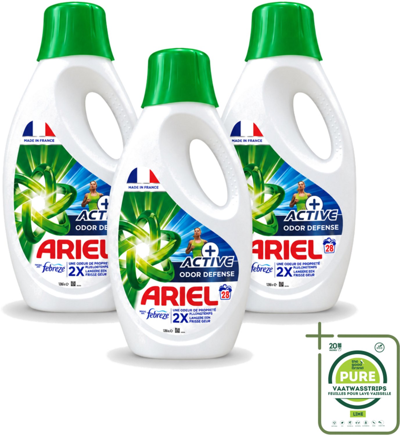 3 x Ariel – Vloeibaar Wasmiddel – Active Odor Defense – 1,26 L – 28 wasbeurten - Grootverpakking - Vaatwasstrips - Geurverwijderend Wasmiddel - Sportkleding Wassen - Activiteit Kleding - Geurneutralisatie - Wasmiddel 1.26 L