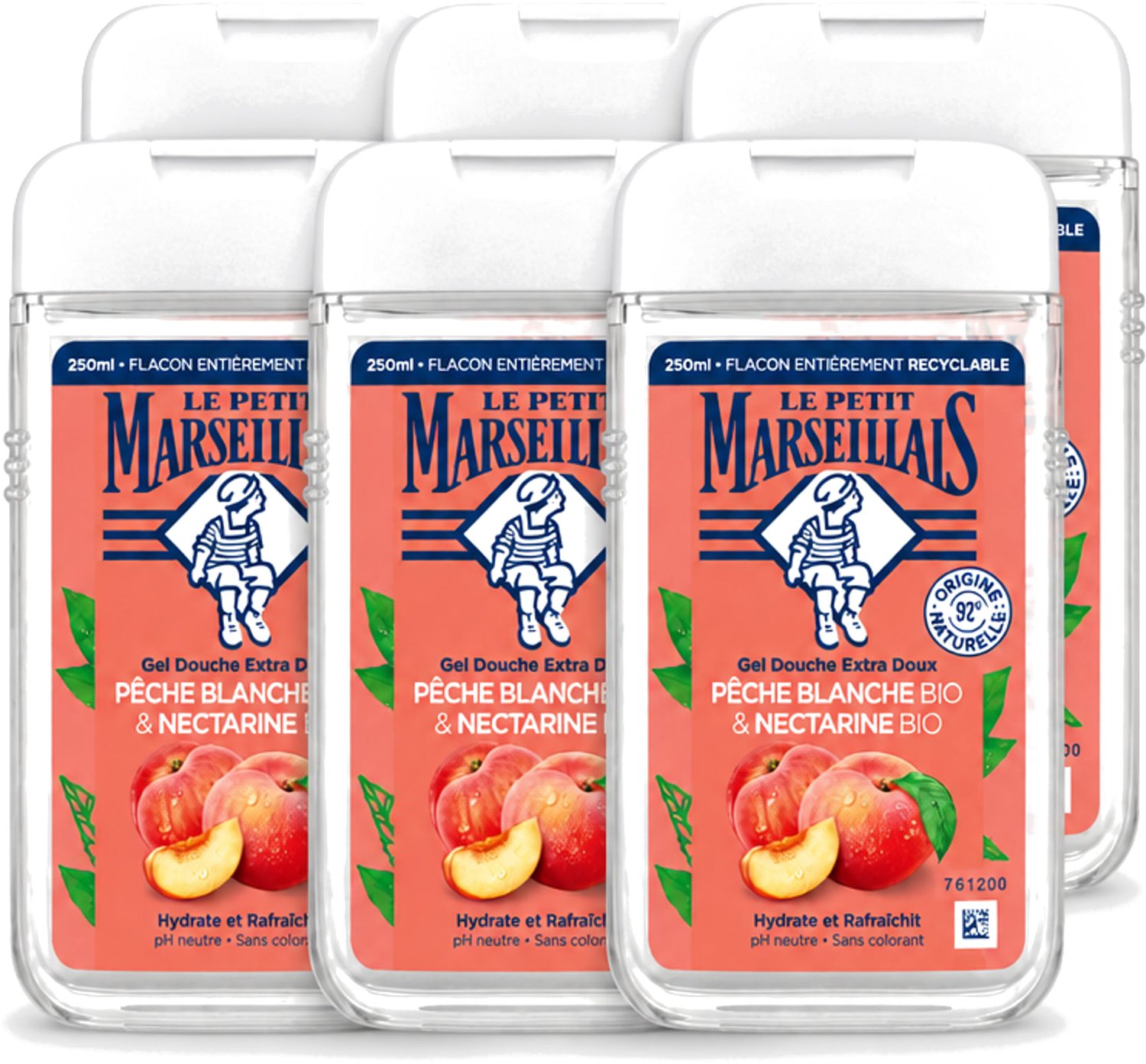 6 x Le Petit Marseillais – Douchegel – Pêche Blanche & Nectarine Bio – 250 ml - Voordeelverpakking - 6 stuks