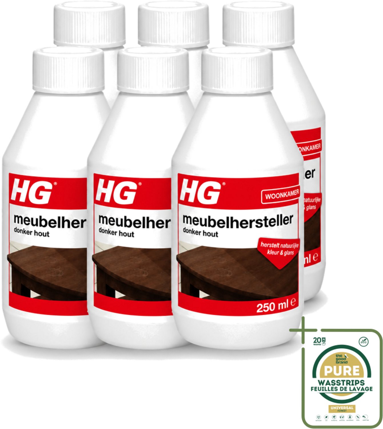 6 x HG - Meubelhersteller - Donker Hout - Herstelt Natuurlijke Kleur & Glans - 250 ml - Wasstrips - Meubelhersteller - Donker Hout - Herstel Krassen - Herstel Vlekken - Herstel Waterkringen
