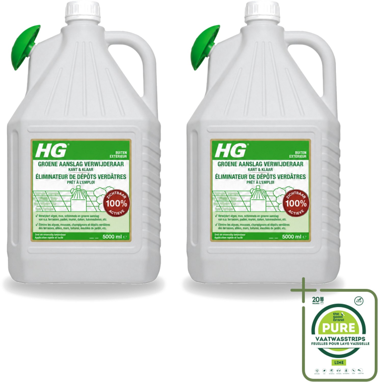 2 x HG - ECO Groene Aanslagreiniger - Kant-en-klaar met Sproeikop - 5 L - Grootverpakking - Groene Aanslag - Terras Reinigen - Balkon Reinigen - Paden Reinigen - Buitenoppervlak Reinigen